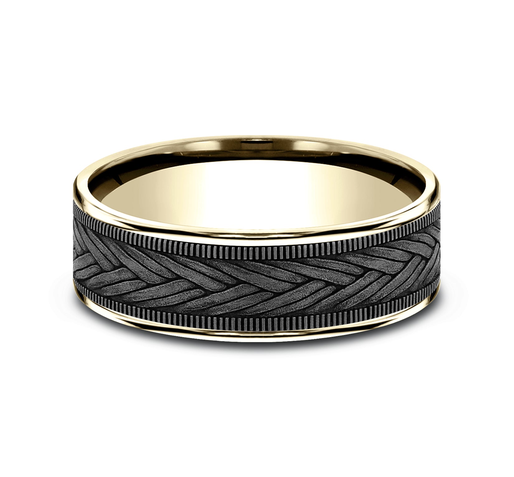 THE WHEAT 7.5mm, Comfort fit, 14K Yellow Gold and Grey Tantalum, Wheat weave pattern, thin edges