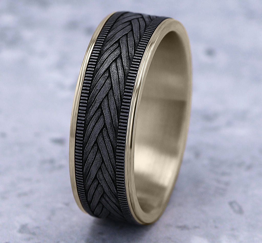 THE WHEAT 7.5mm, Comfort fit, 14K Yellow Gold and Grey Tantalum, Wheat weave pattern, thin edges