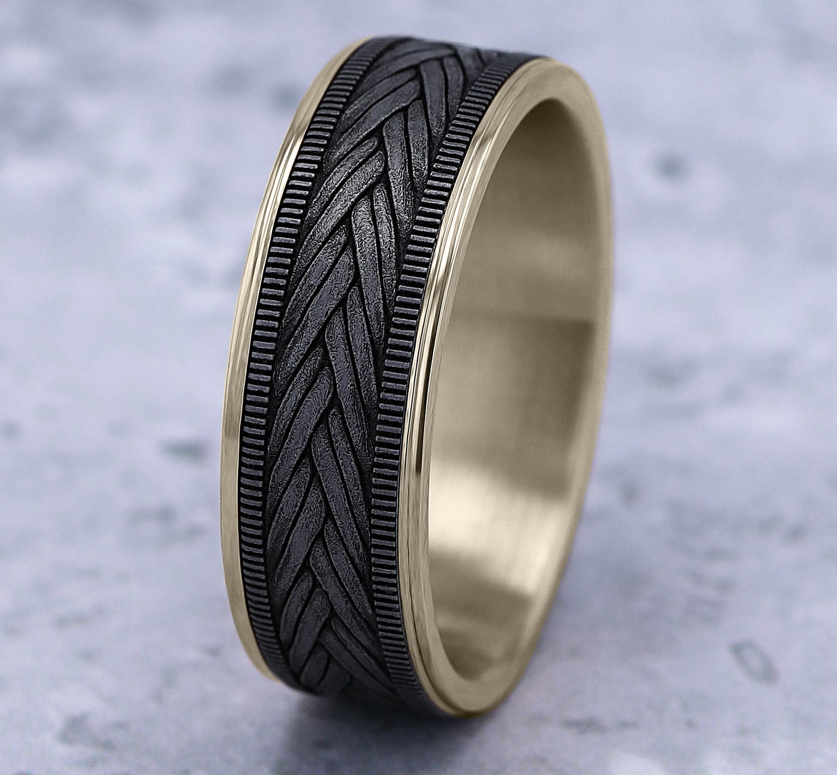 THE WHEAT 7.5mm, Comfort fit, 14K Yellow Gold and Grey Tantalum, Wheat weave pattern, thin edges