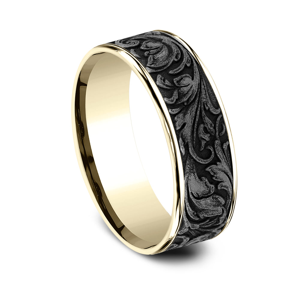 THE VINEYARD 7.5mm, Comfort fit, 14K Yellow Gold and Grey Tantalum, Vine pattern, thin edges