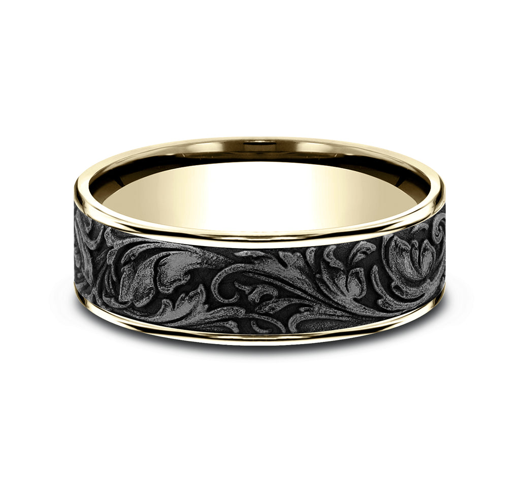 THE VINEYARD 7.5mm, Comfort fit, 14K Yellow Gold and Grey Tantalum, Vine pattern, thin edges