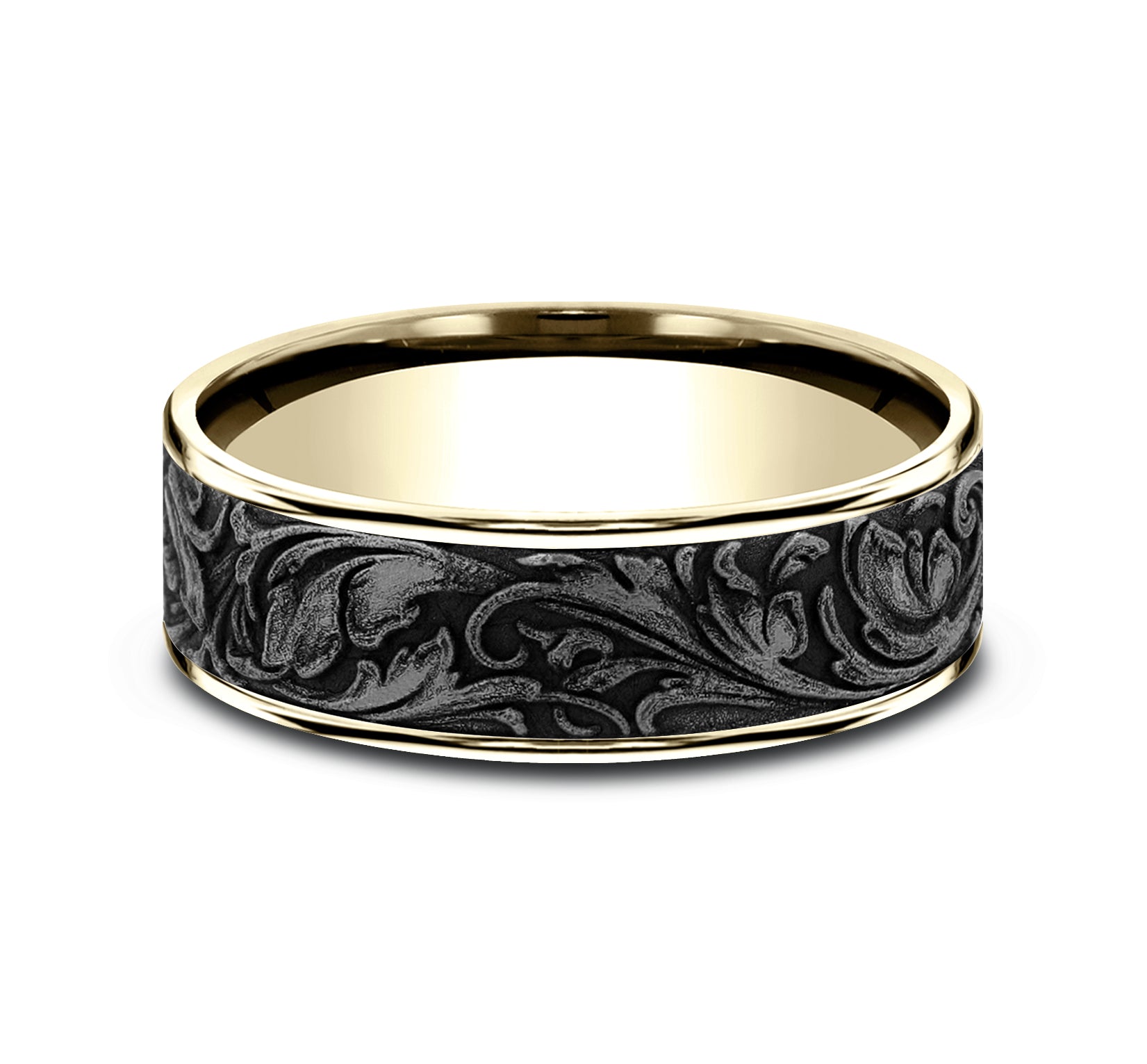 THE VINEYARD 7.5mm, Comfort fit, 14K Yellow Gold and Grey Tantalum, Vine pattern, thin edges