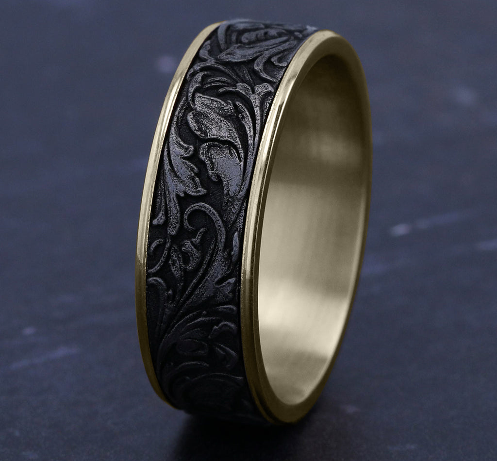 THE VINEYARD 7.5mm, Comfort fit, 14K Yellow Gold and Grey Tantalum, Vine pattern, thin edges