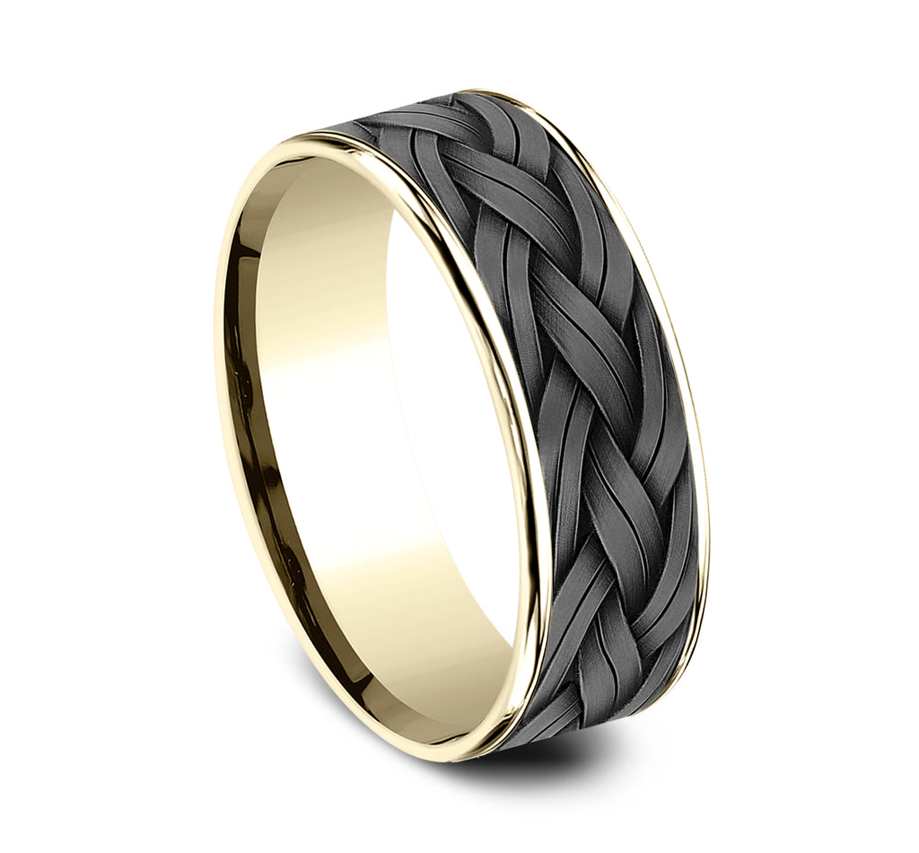 THE ROPE 7.5mm, Comfort fit, 14K Yellow Gold and Grey Tantalum, Braided rope pattern, thin edges