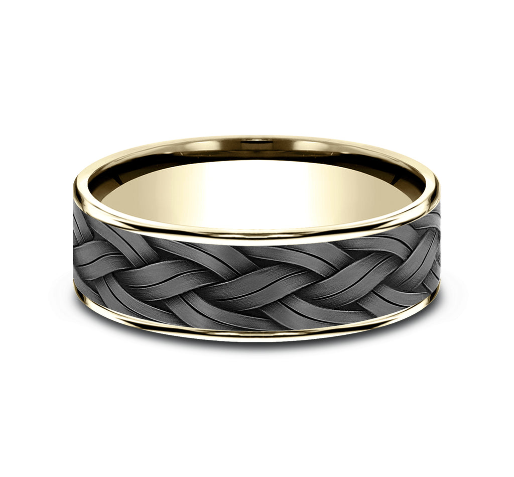THE ROPE 7.5mm, Comfort fit, 14K Yellow Gold and Grey Tantalum, Braided rope pattern, thin edges
