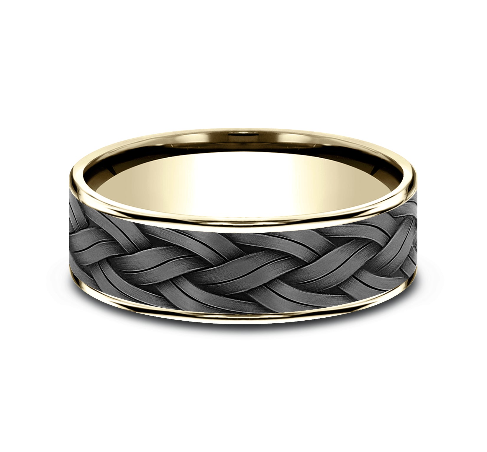 THE ROPE 7.5mm, Comfort fit, 14K Yellow Gold and Grey Tantalum, Braided rope pattern, thin edges