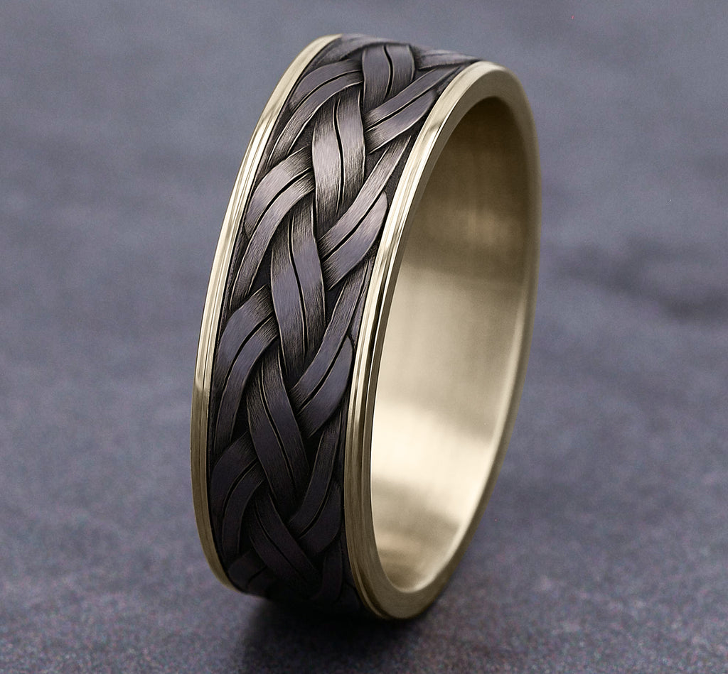 THE ROPE 7.5mm, Comfort fit, 14K Yellow Gold and Grey Tantalum, Braided rope pattern, thin edges