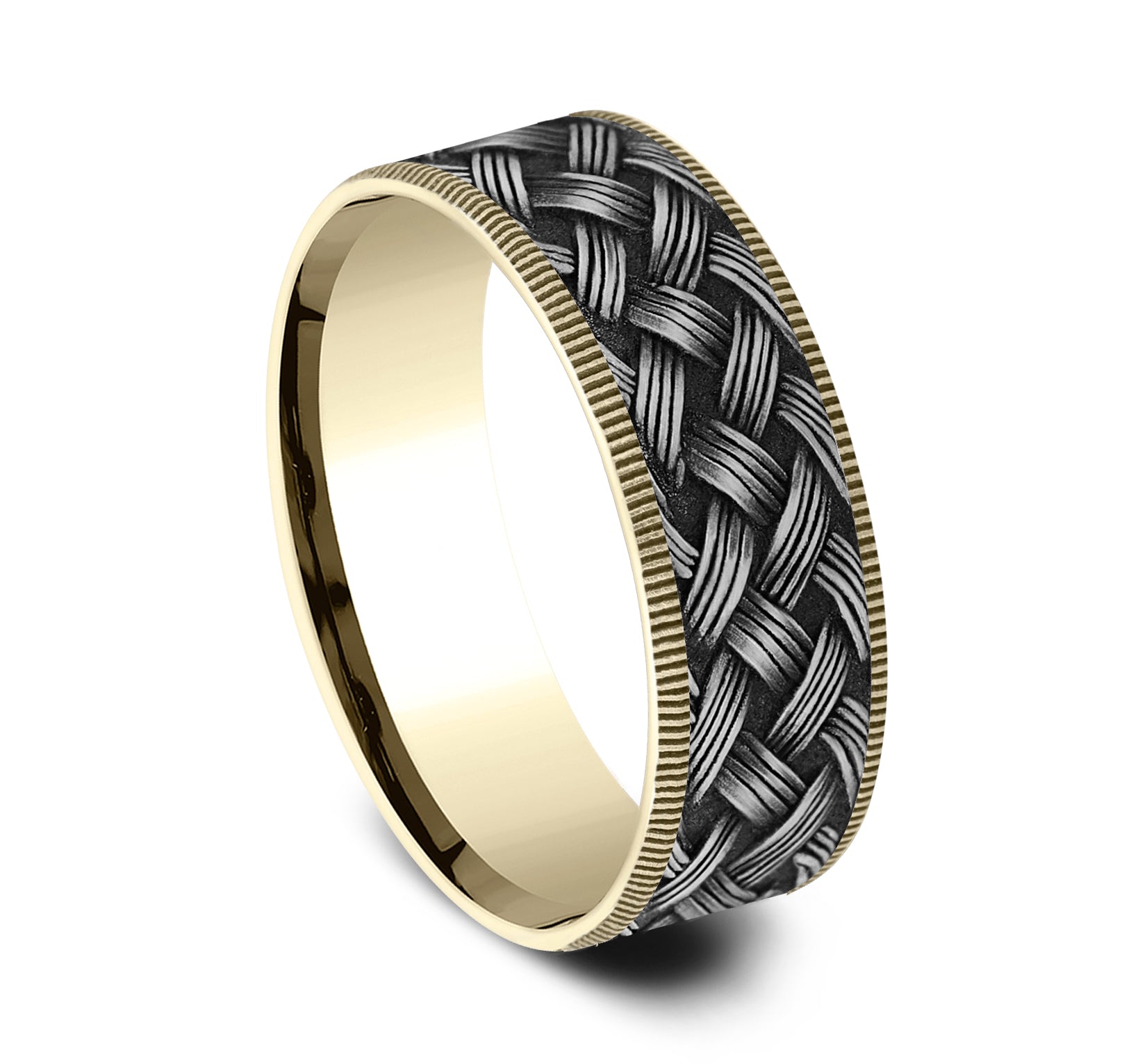 THE TRELLIS 7.5mm, Comfort fit, 14K Yellow Gold and Grey Tantalum, Lattice weave pattern, thin edges