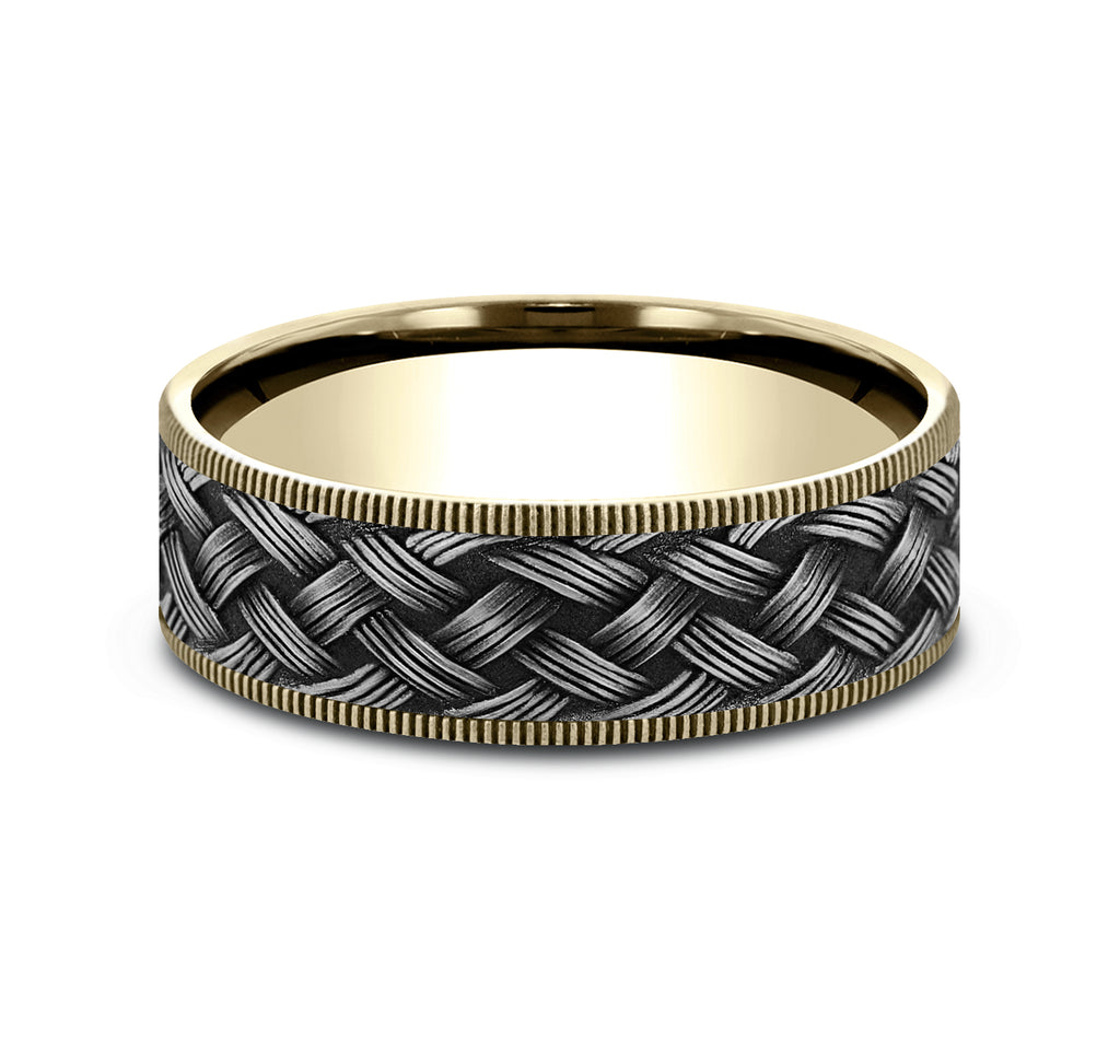 THE TRELLIS 7.5mm, Comfort fit, 14K Yellow Gold and Grey Tantalum, Lattice weave pattern, thin edges