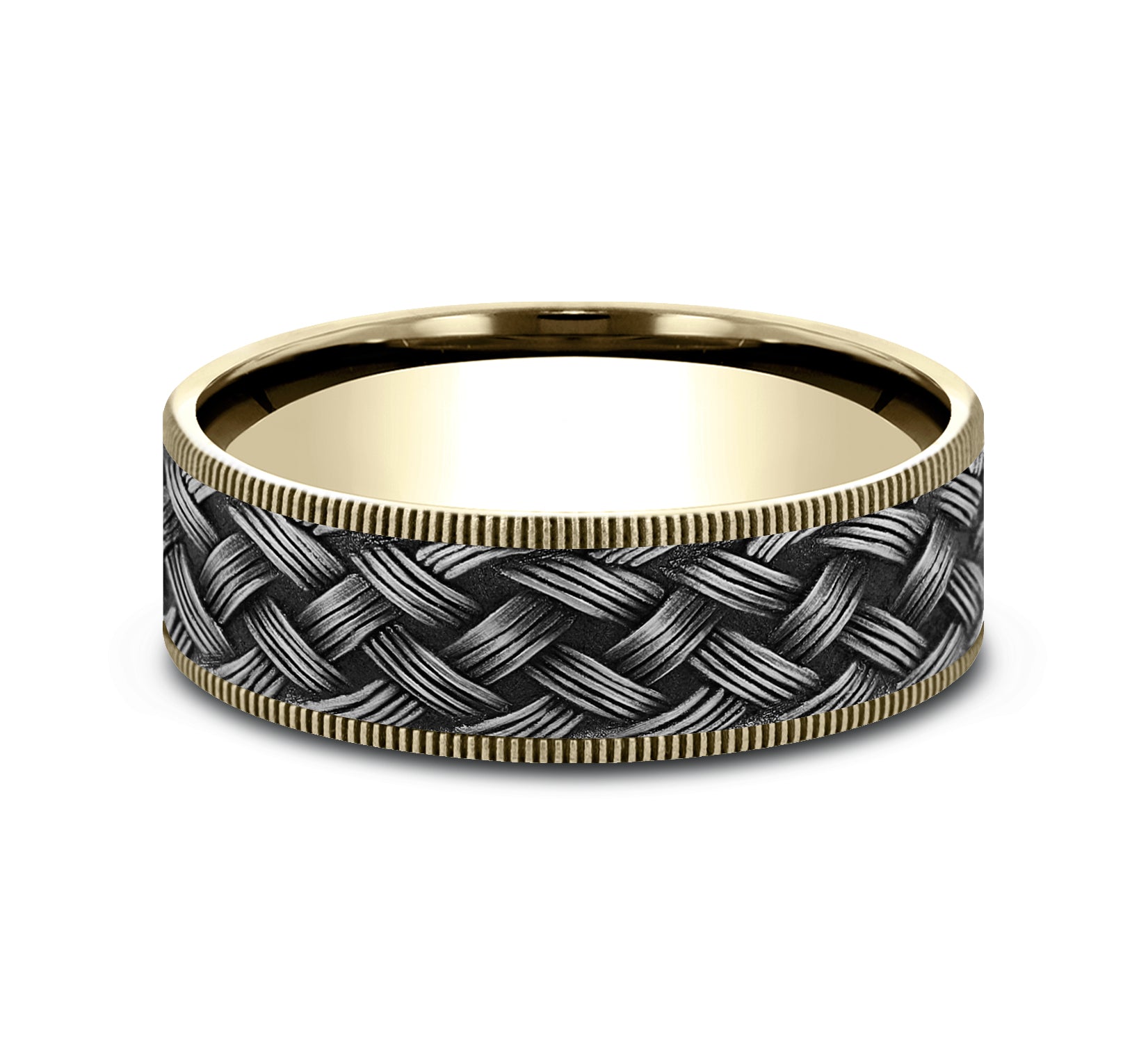 THE TRELLIS 7.5mm, Comfort fit, 14K Yellow Gold and Grey Tantalum, Lattice weave pattern, thin edges