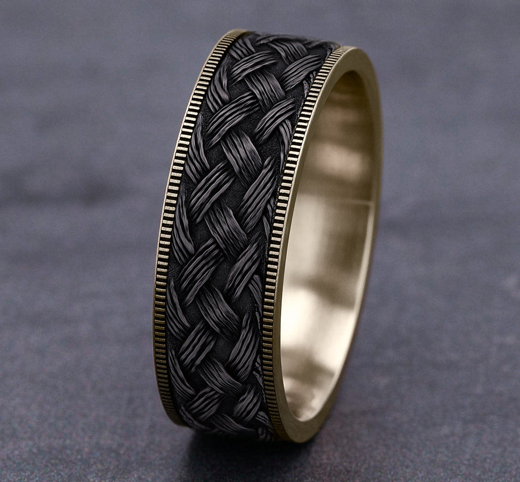 THE TRELLIS 7.5mm, Comfort fit, 14K Yellow Gold and Grey Tantalum, Lattice weave pattern, thin edges