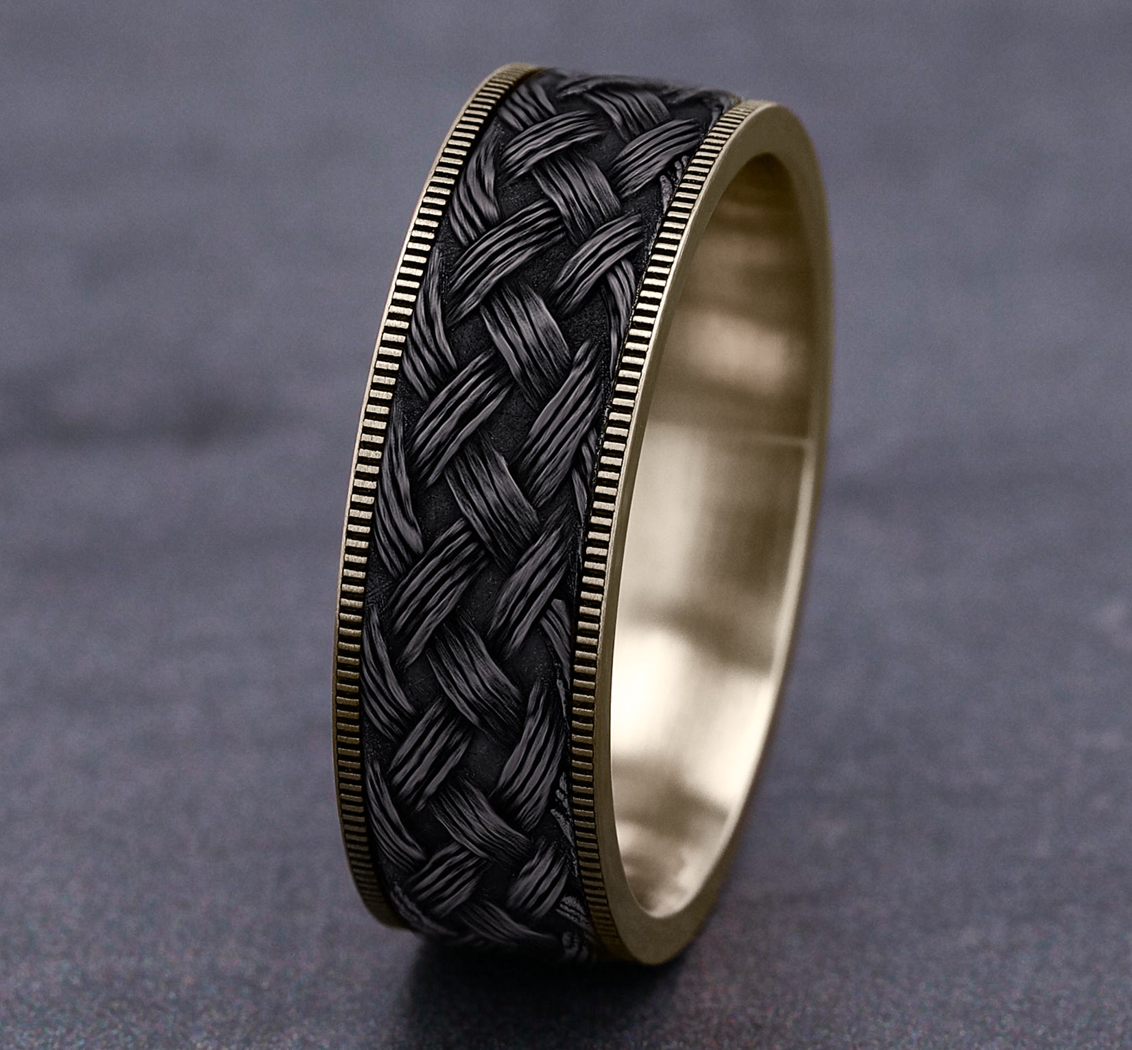 THE TRELLIS 7.5mm, Comfort fit, 14K Yellow Gold and Grey Tantalum, Lattice weave pattern, thin edges