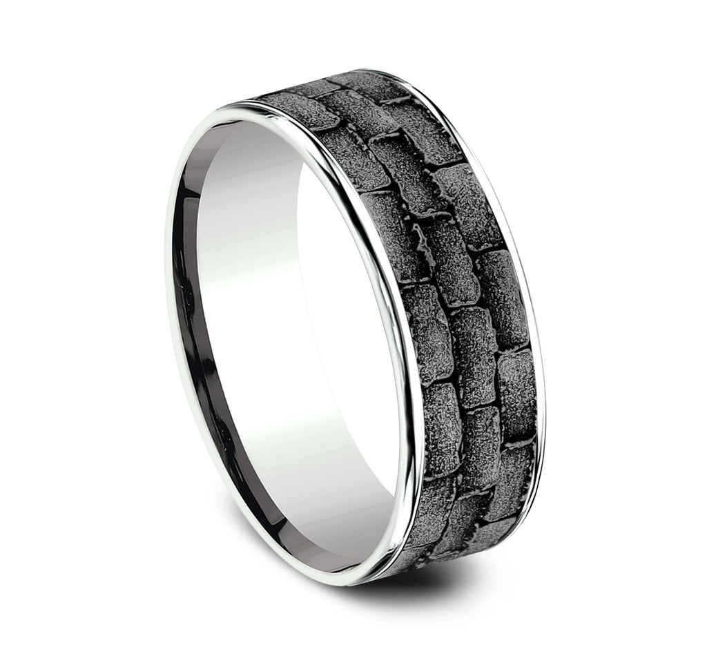 THE MASON 7.5mm, Comfort fit, 14K White Gold and Grey Tantalum, Brick pattern, thin edges