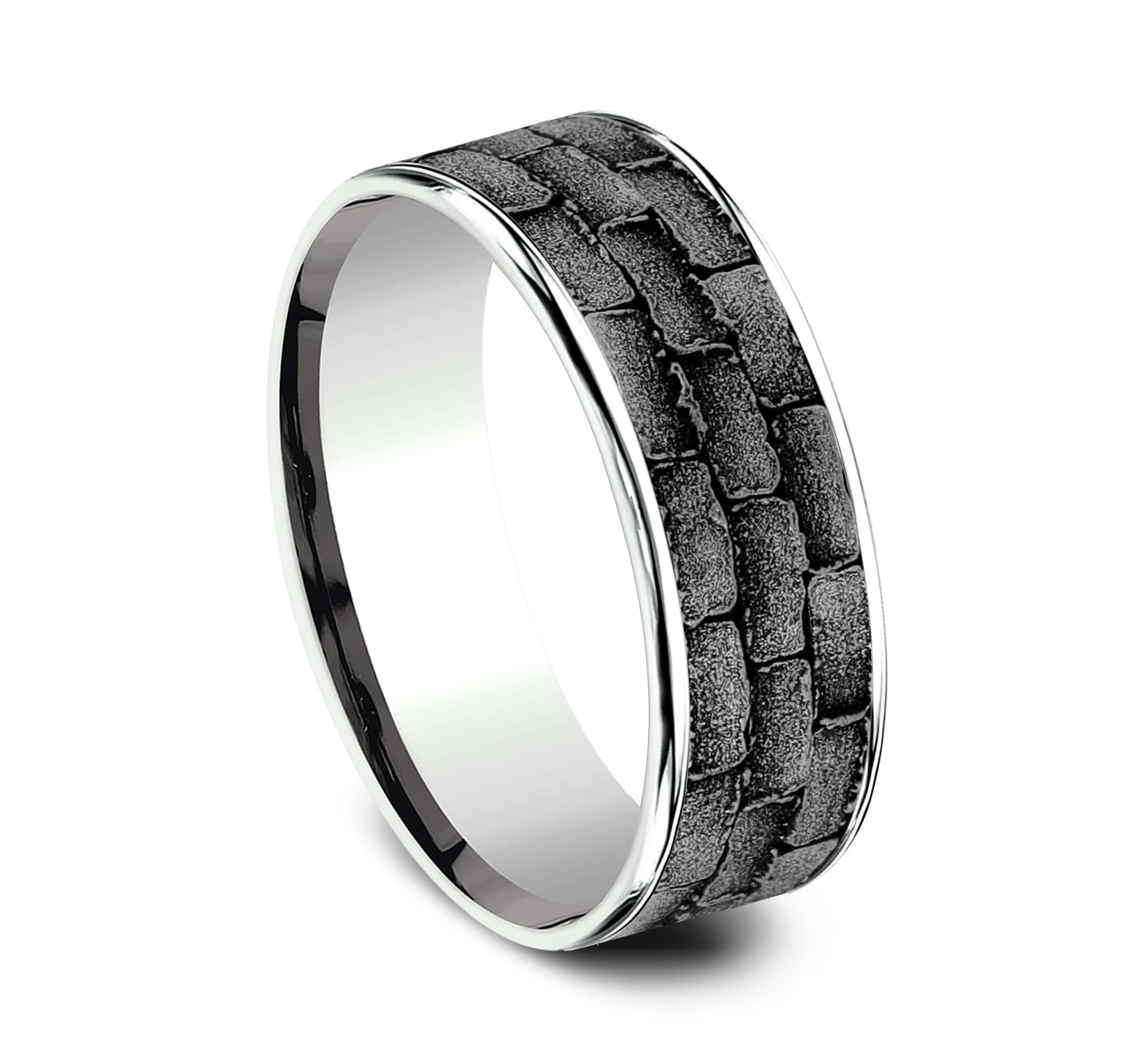 THE MASON 7.5mm, Comfort fit, 14K White Gold and Grey Tantalum, Brick pattern, thin edges