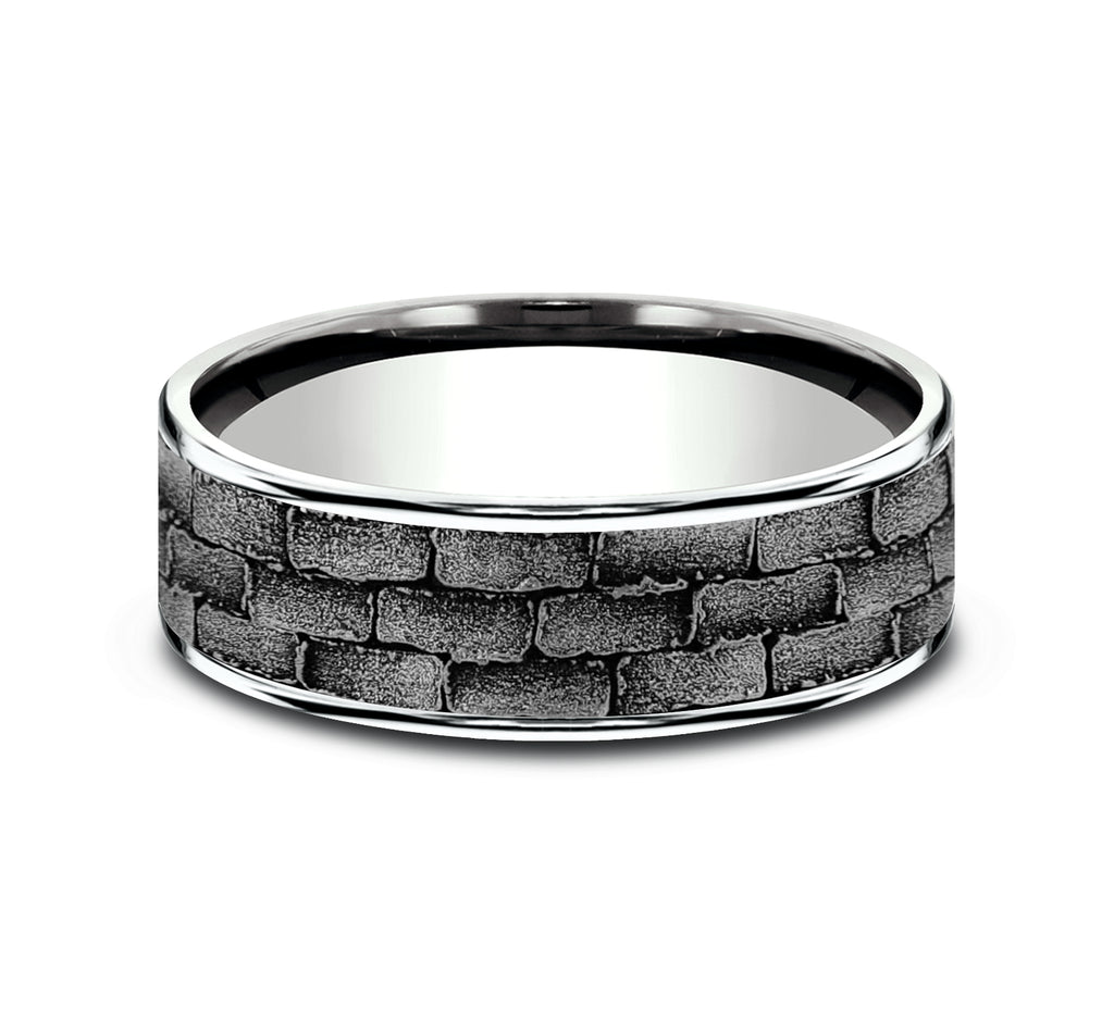 THE MASON 7.5mm, Comfort fit, 14K White Gold and Grey Tantalum, Brick pattern, thin edges