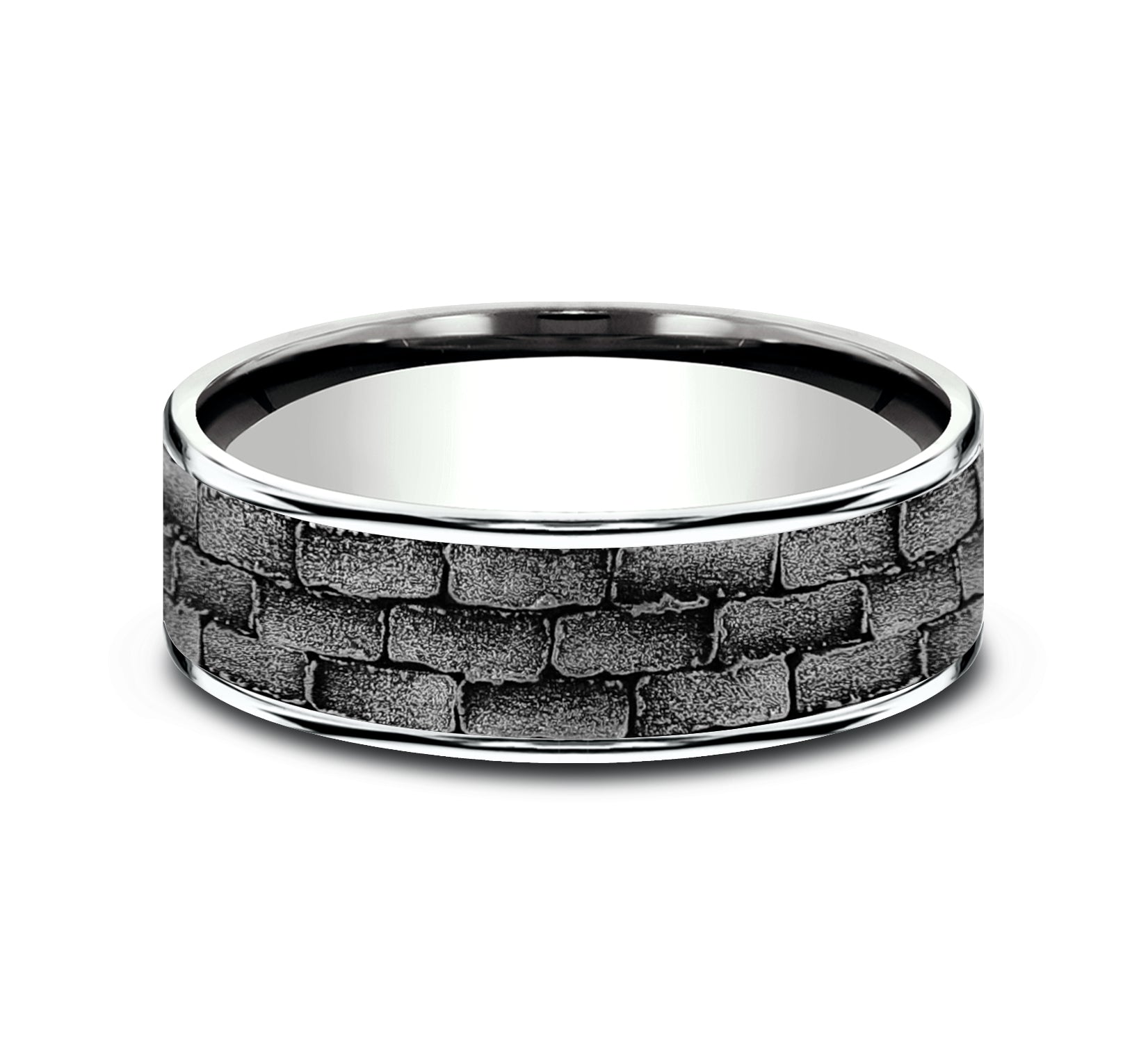 THE MASON 7.5mm, Comfort fit, 14K White Gold and Grey Tantalum, Brick pattern, thin edges