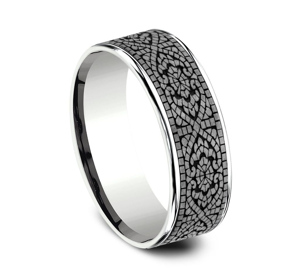 THE BURANO 7.5mm, Comfort fit, 14K White Gold and Grey Tantalum, Mosaic patterned center, thin edges