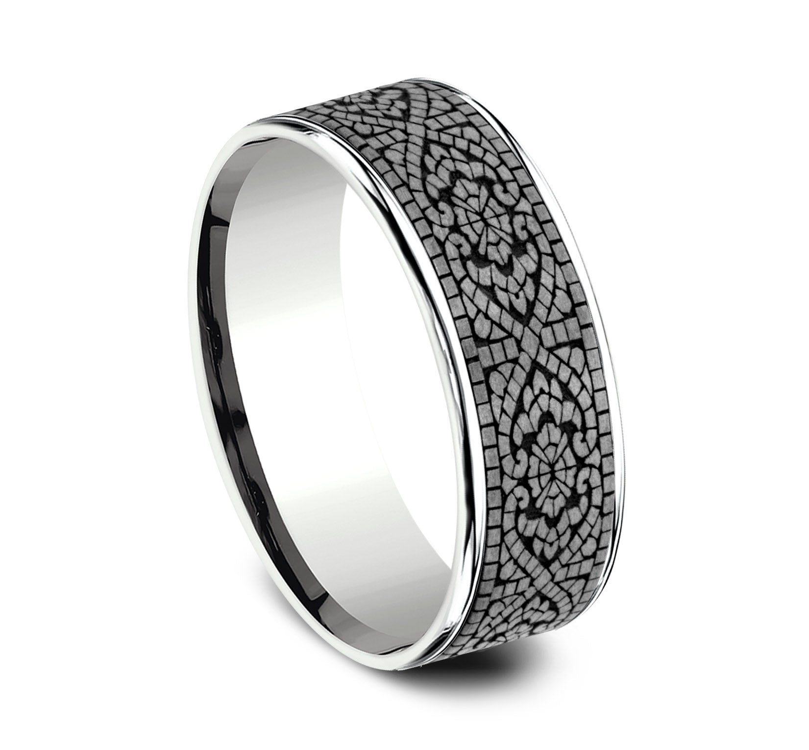 THE BURANO 7.5mm, Comfort fit, 14K White Gold and Grey Tantalum, Mosaic patterned center, thin edges