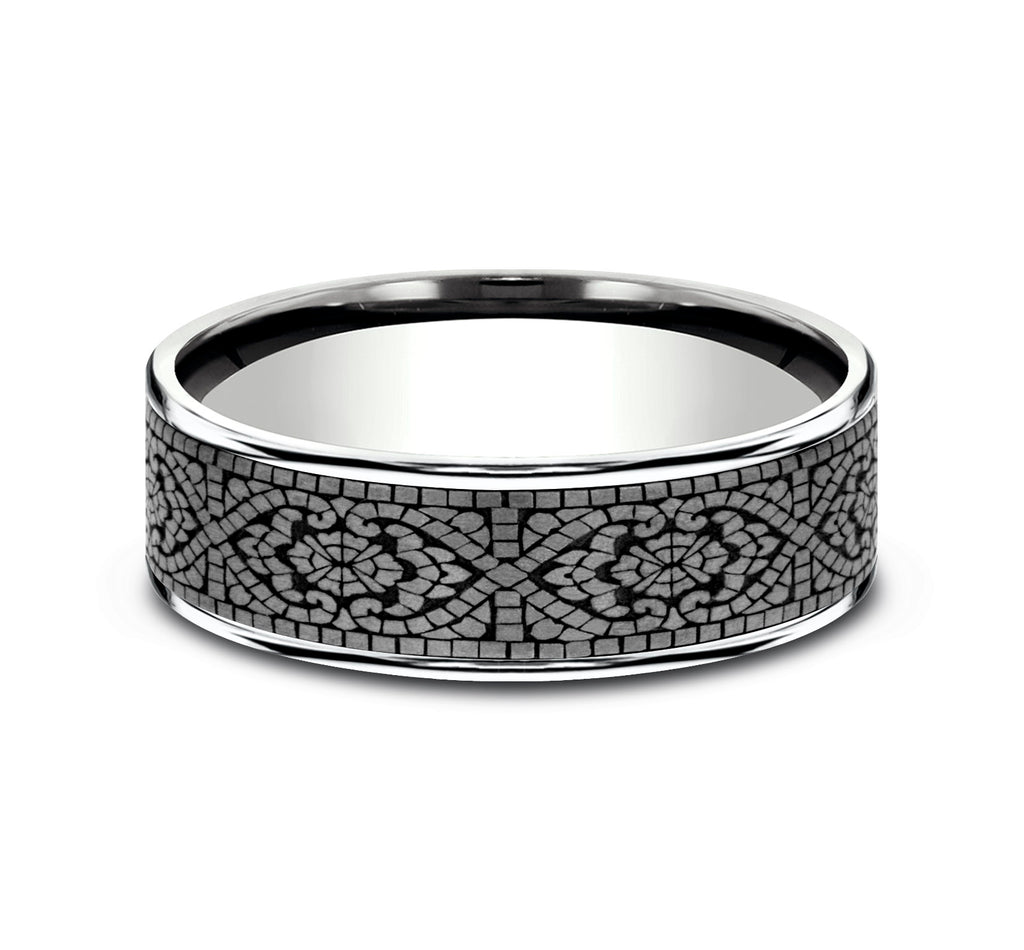 THE BURANO 7.5mm, Comfort fit, 14K White Gold and Grey Tantalum, Mosaic patterned center, thin edges