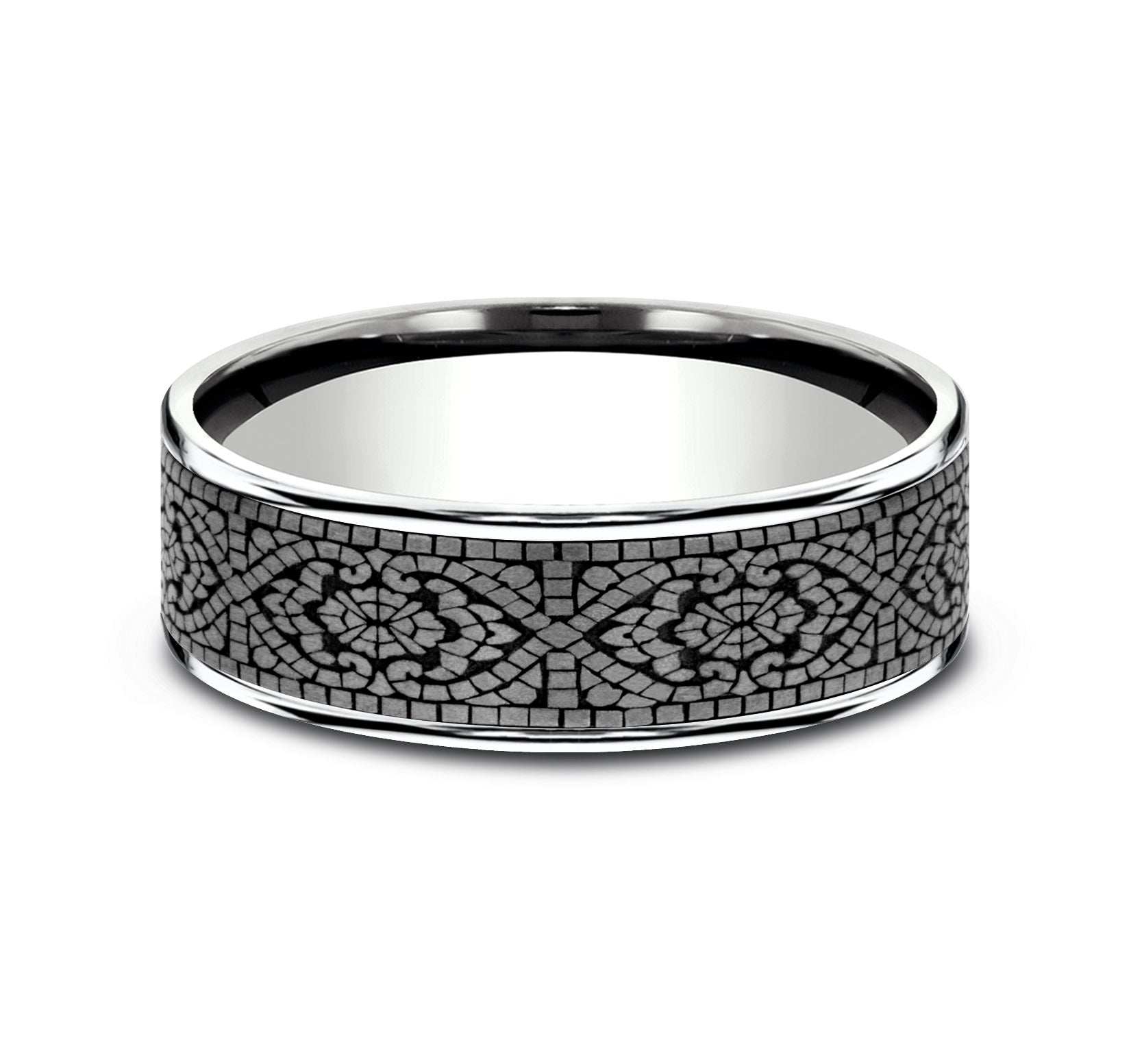 THE BURANO 7.5mm, Comfort fit, 14K White Gold and Grey Tantalum, Mosaic patterned center, thin edges