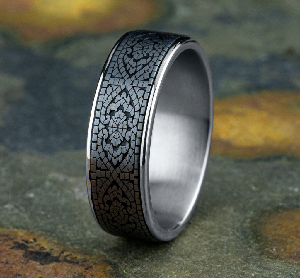 THE BURANO 7.5mm, Comfort fit, 14K White Gold and Grey Tantalum, Mosaic patterned center, thin edges