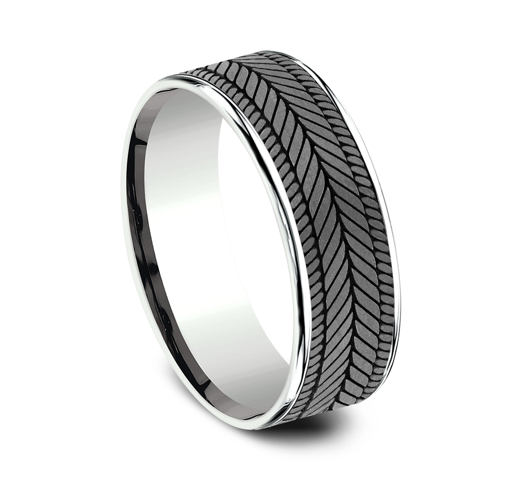 THE CAPRIO 7.5mm, Comfort fit, 14K White Gold and Grey Tantalum, Chevron weave pattern, thin edges