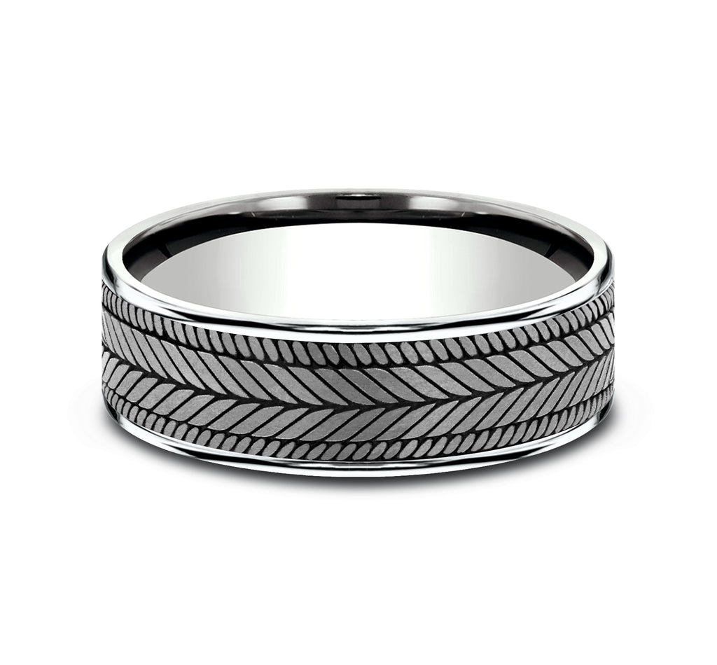 THE CAPRIO 7.5mm, Comfort fit, 14K White Gold and Grey Tantalum, Chevron weave pattern, thin edges