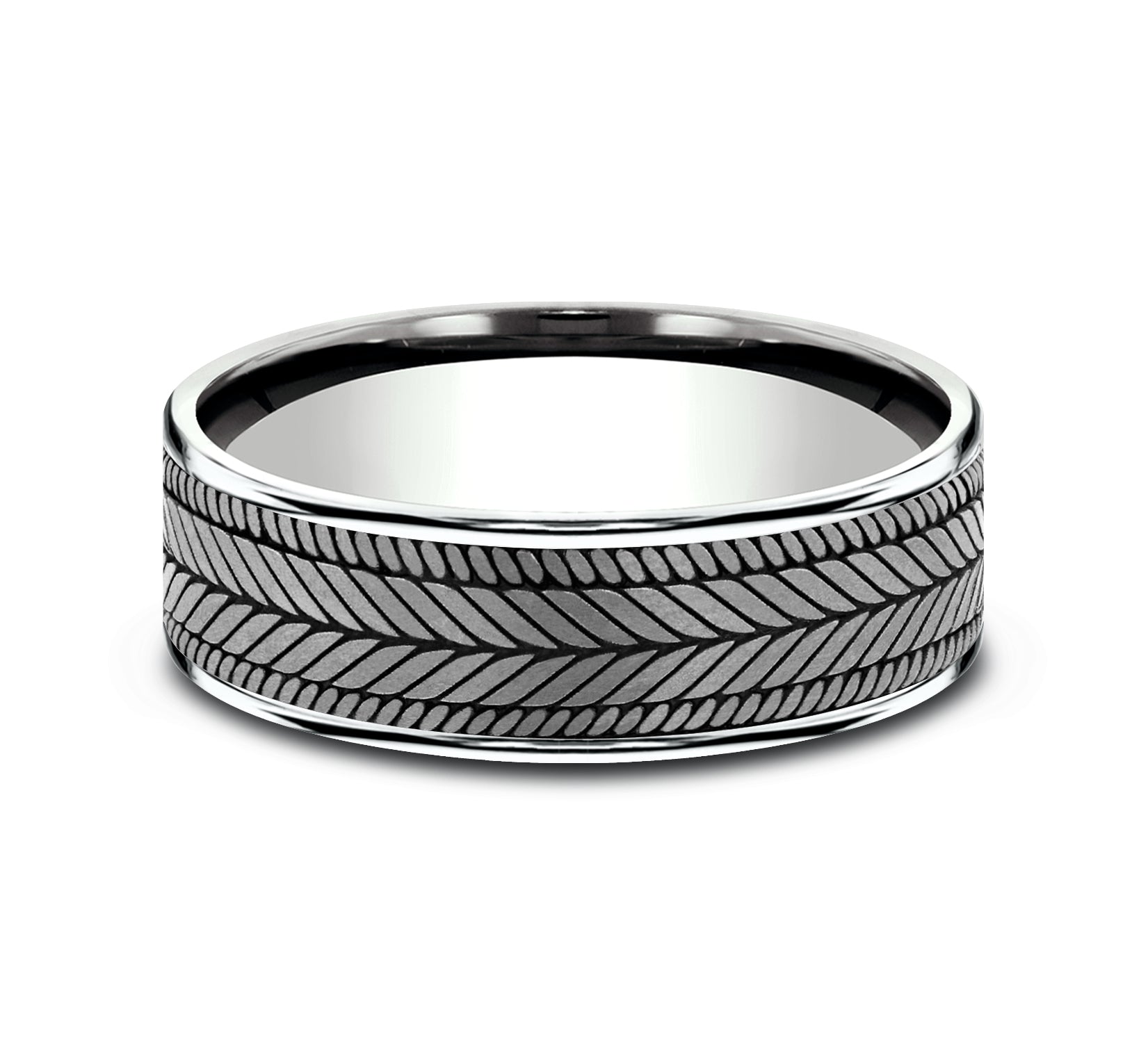 THE CAPRIO 7.5mm, Comfort fit, 14K White Gold and Grey Tantalum, Chevron weave pattern, thin edges