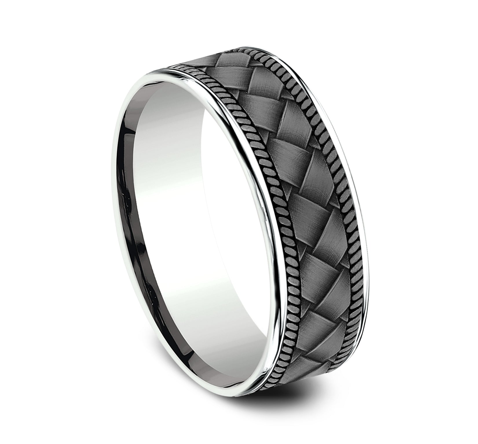 THE BASKET 7.5mm, Comfort fit, 14K White Gold and Grey Tantalum, Basket weave pattern, thin edges