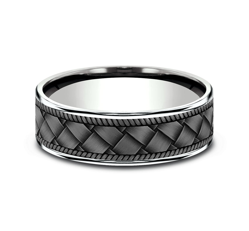 THE BASKET 7.5mm, Comfort fit, 14K White Gold and Grey Tantalum, Basket weave pattern, thin edges