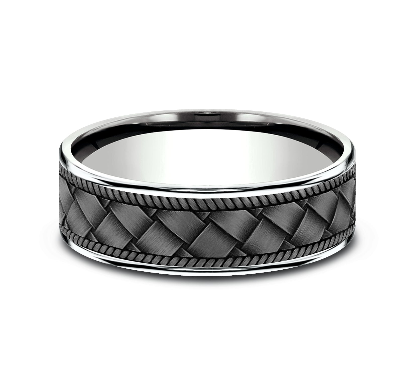 THE BASKET 7.5mm, Comfort fit, 14K White Gold and Grey Tantalum, Basket weave pattern, thin edges