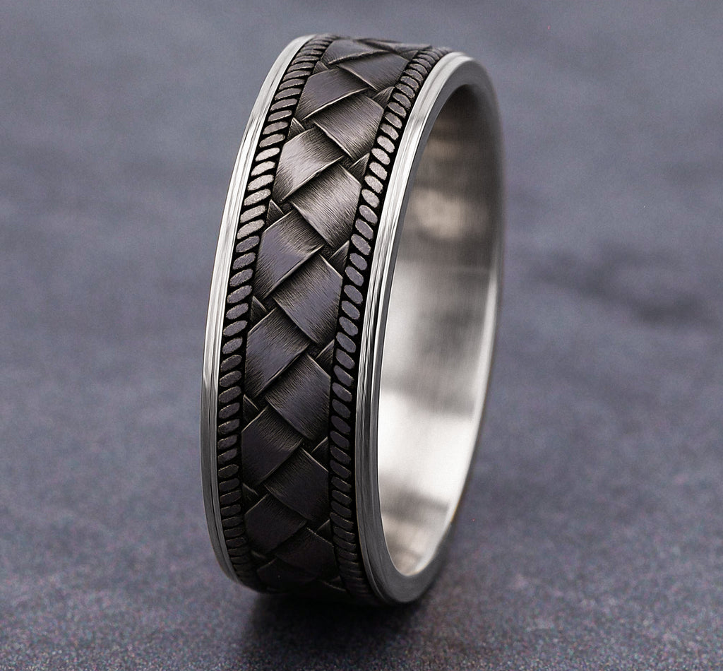 THE BASKET 7.5mm, Comfort fit, 14K White Gold and Grey Tantalum, Basket weave pattern, thin edges