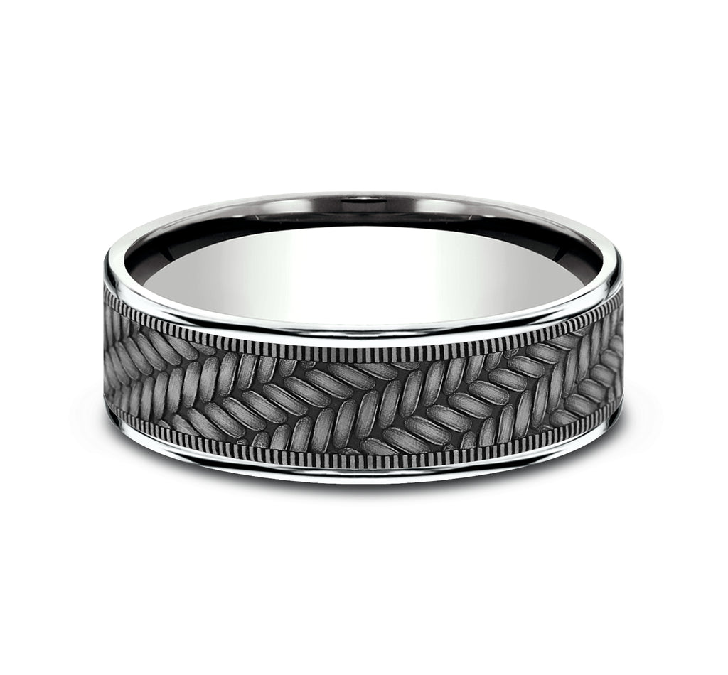 THE VANGUARD 7.5mm, Comfort fit, 14K White Gold and Grey Tantalum, Cross chevron pattern,  thin edges