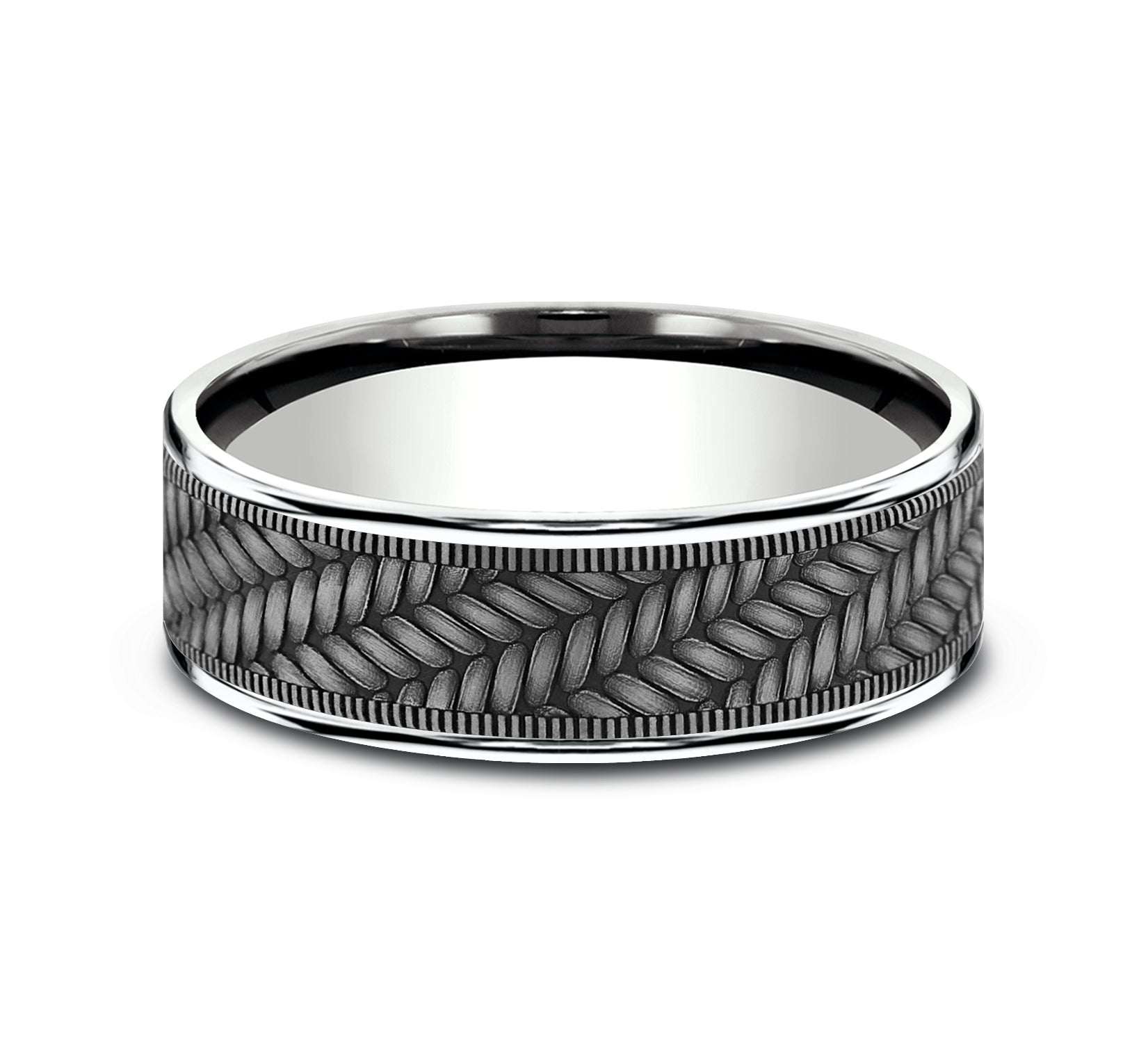 THE VANGUARD 7.5mm, Comfort fit, 14K White Gold and Grey Tantalum, Cross chevron pattern,  thin edges