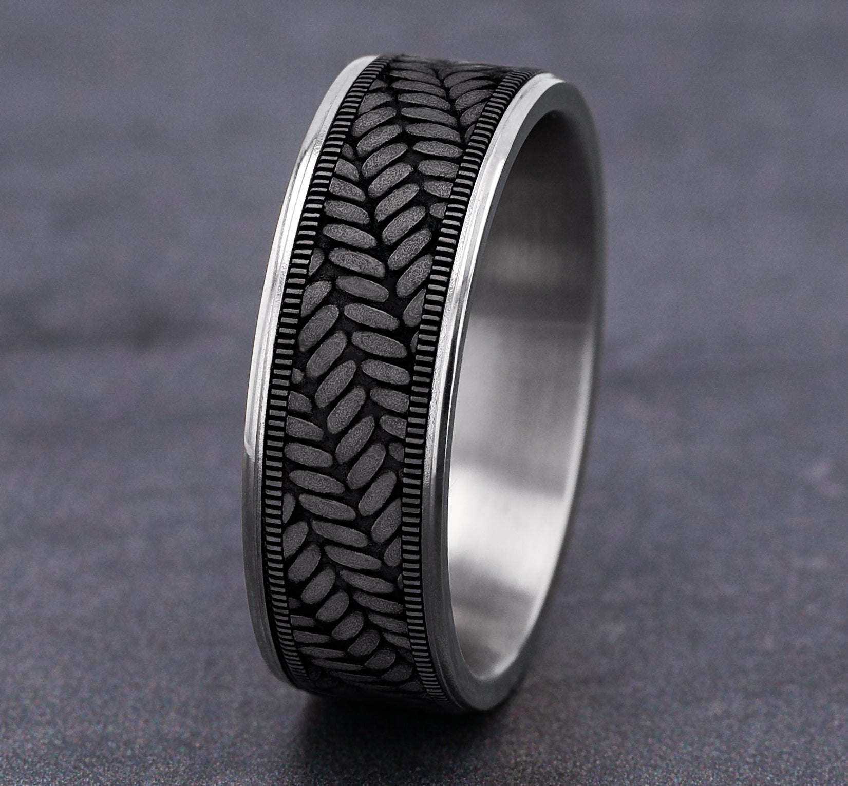 THE VANGUARD 7.5mm, Comfort fit, 14K White Gold and Grey Tantalum, Cross chevron pattern,  thin edges