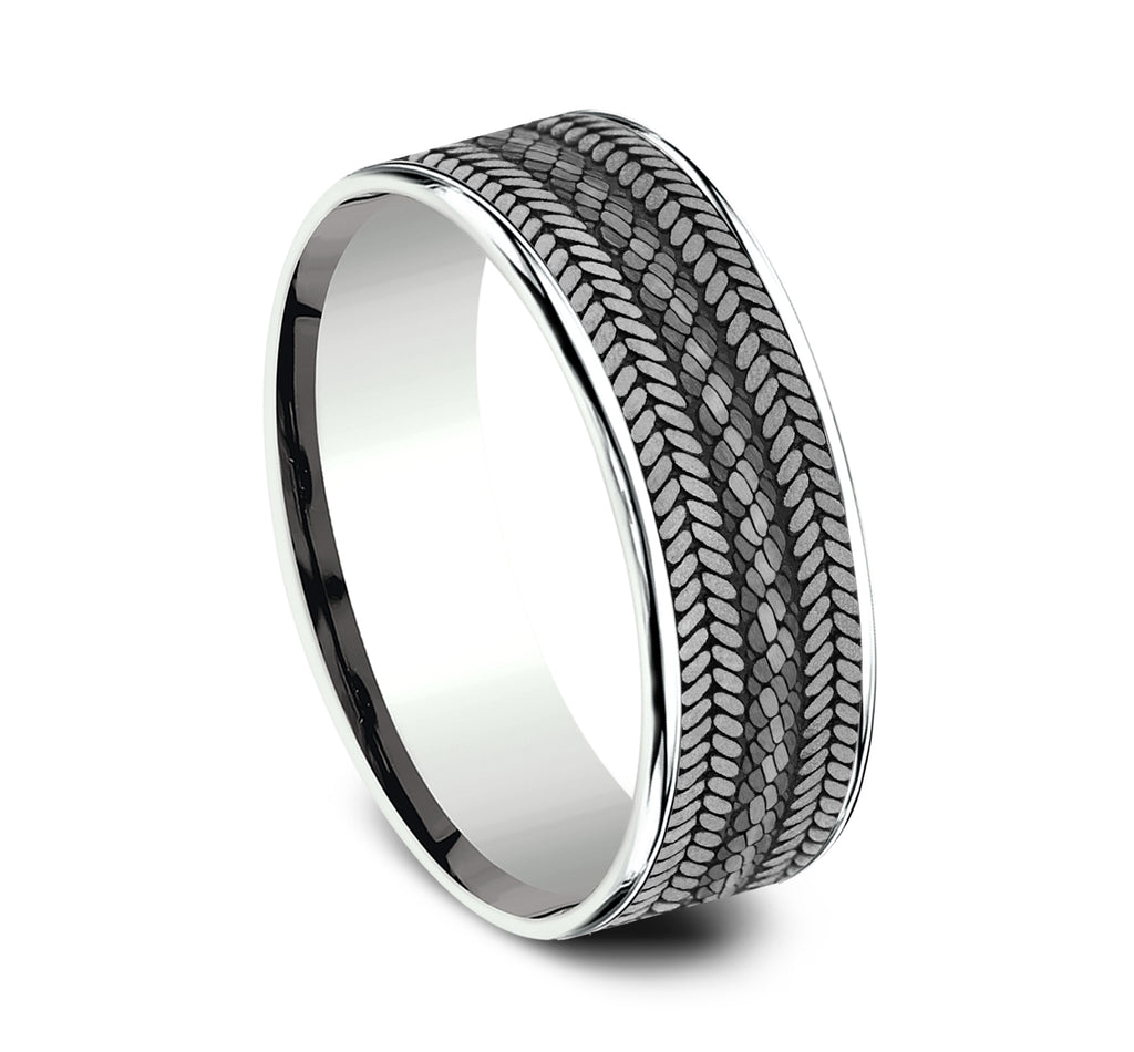 THE CORDOVAN 7.5mm, Comfort fit, 14K White Gold and Grey Tantalum, Rope center with chevron edge pattern, thin edges