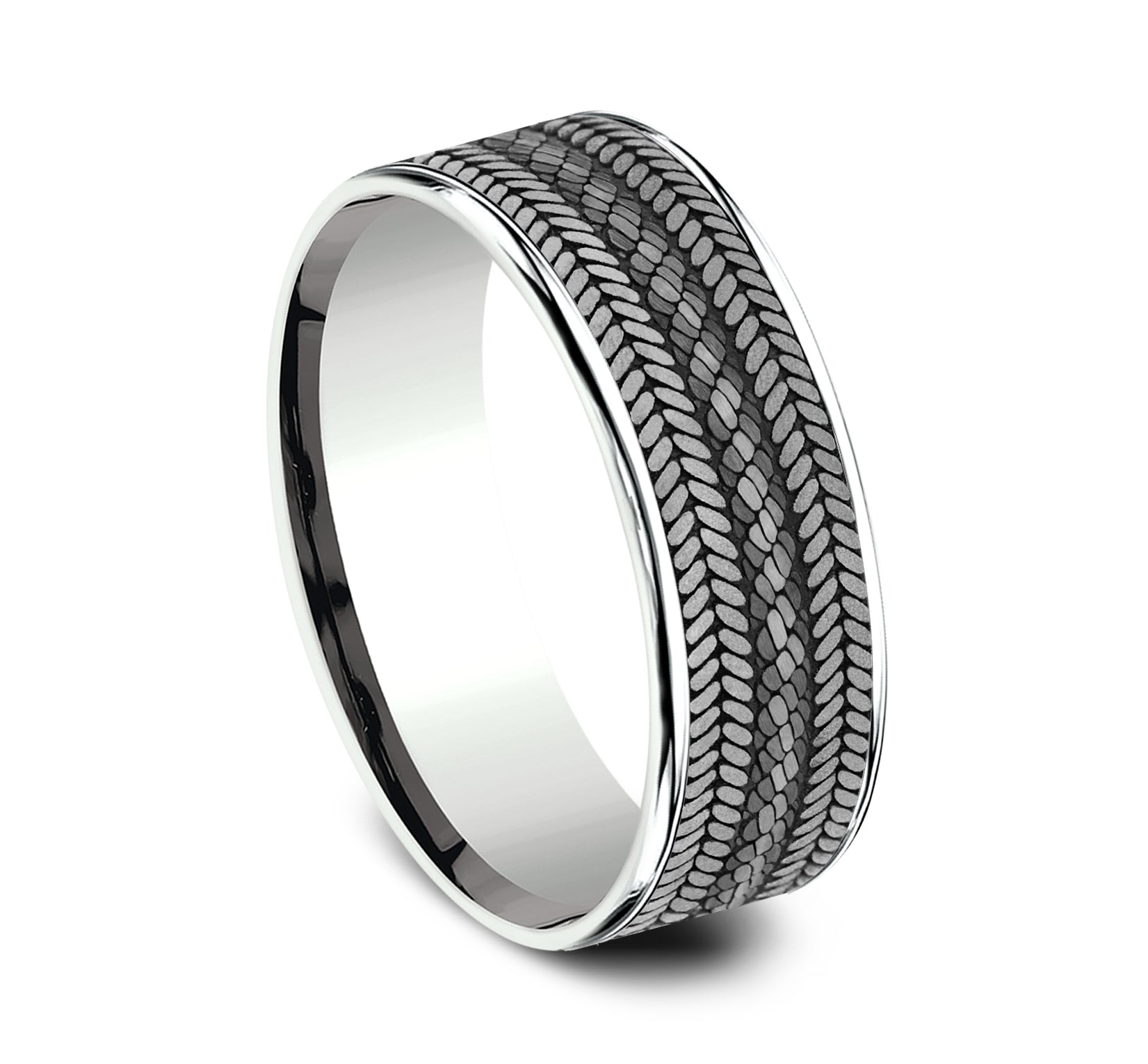 THE CORDOVAN 7.5mm, Comfort fit, 14K White Gold and Grey Tantalum, Rope center with chevron edge pattern, thin edges