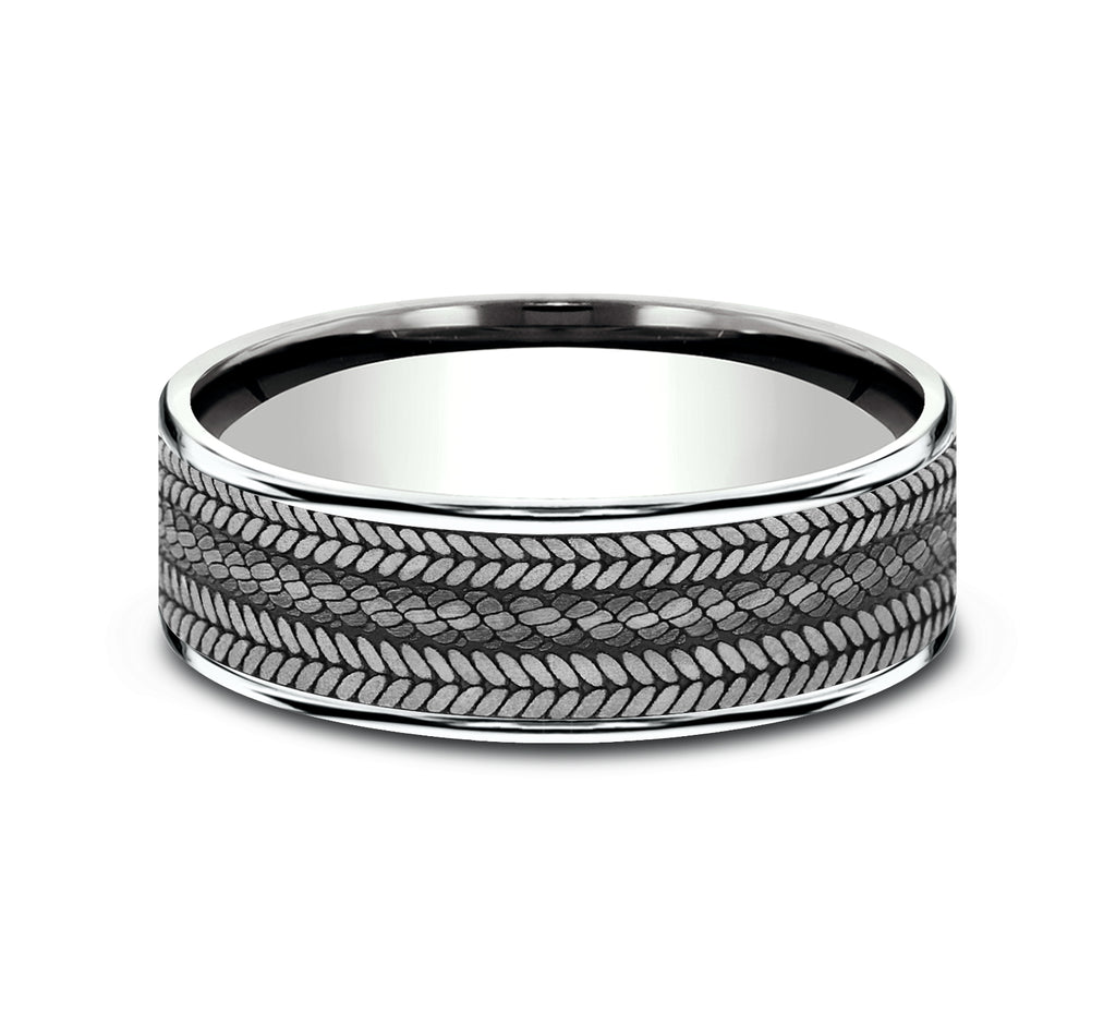 THE CORDOVAN 7.5mm, Comfort fit, 14K White Gold and Grey Tantalum, Rope center with chevron edge pattern, thin edges