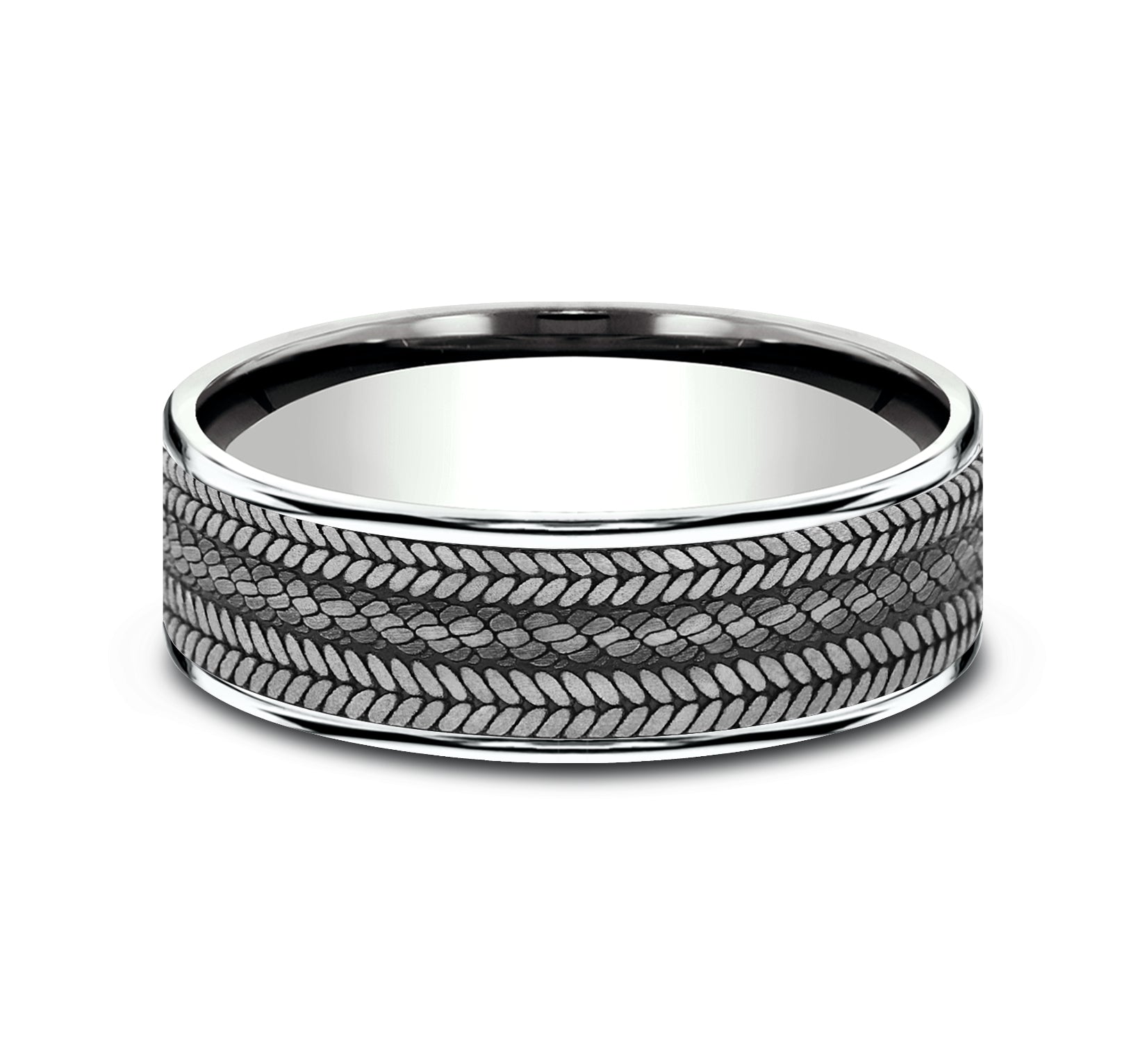 THE CORDOVAN 7.5mm, Comfort fit, 14K White Gold and Grey Tantalum, Rope center with chevron edge pattern, thin edges