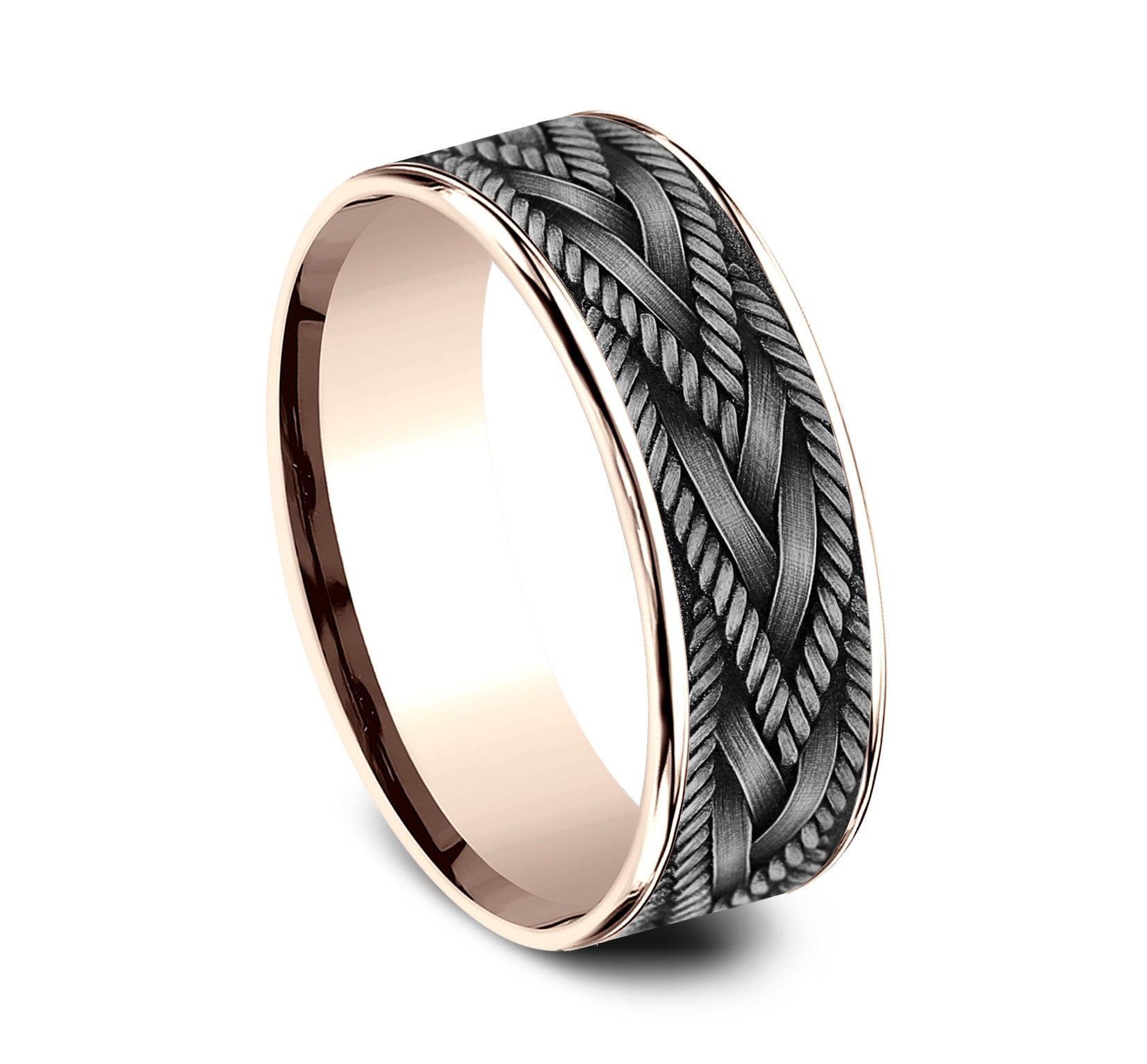 THE BRAID 7.5mm, Comfort fit, 14K Rose Gold and Grey Tantalum, Rope and wheat knot braid pattern, thin edges