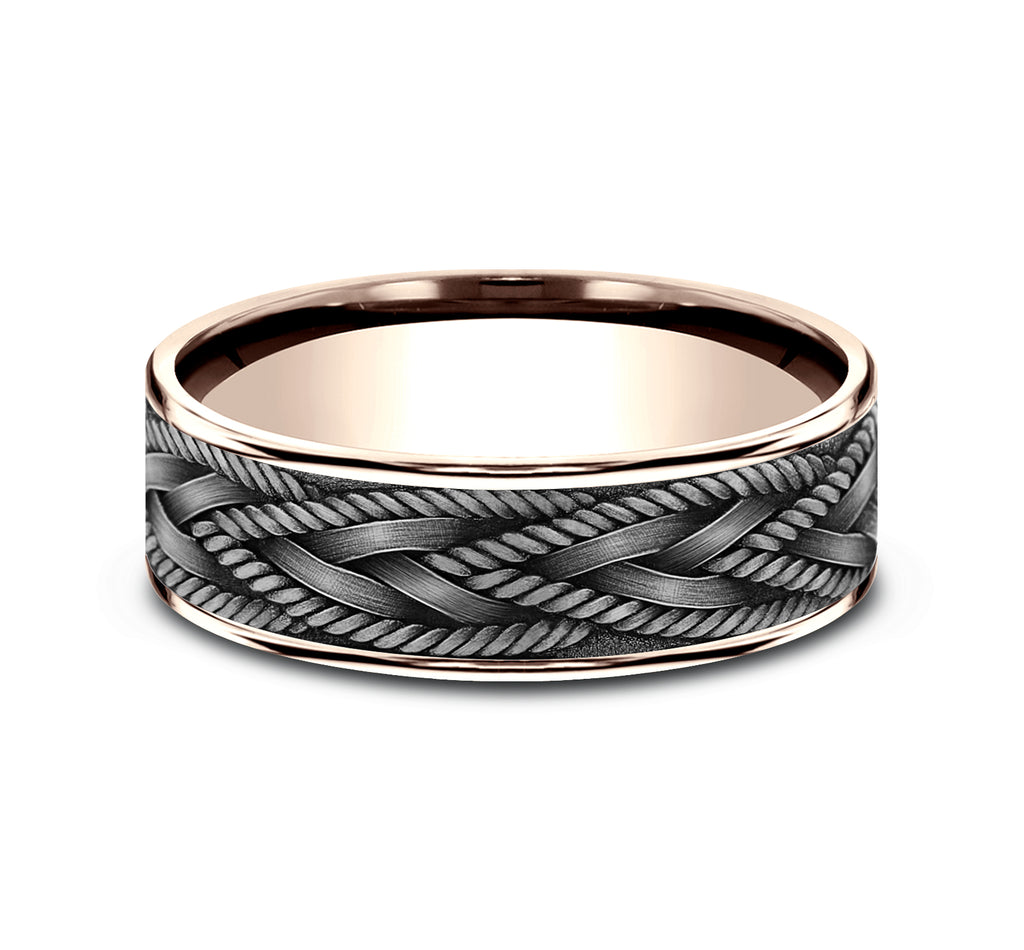 THE BRAID 7.5mm, Comfort fit, 14K Rose Gold and Grey Tantalum, Rope and wheat knot braid pattern, thin edges