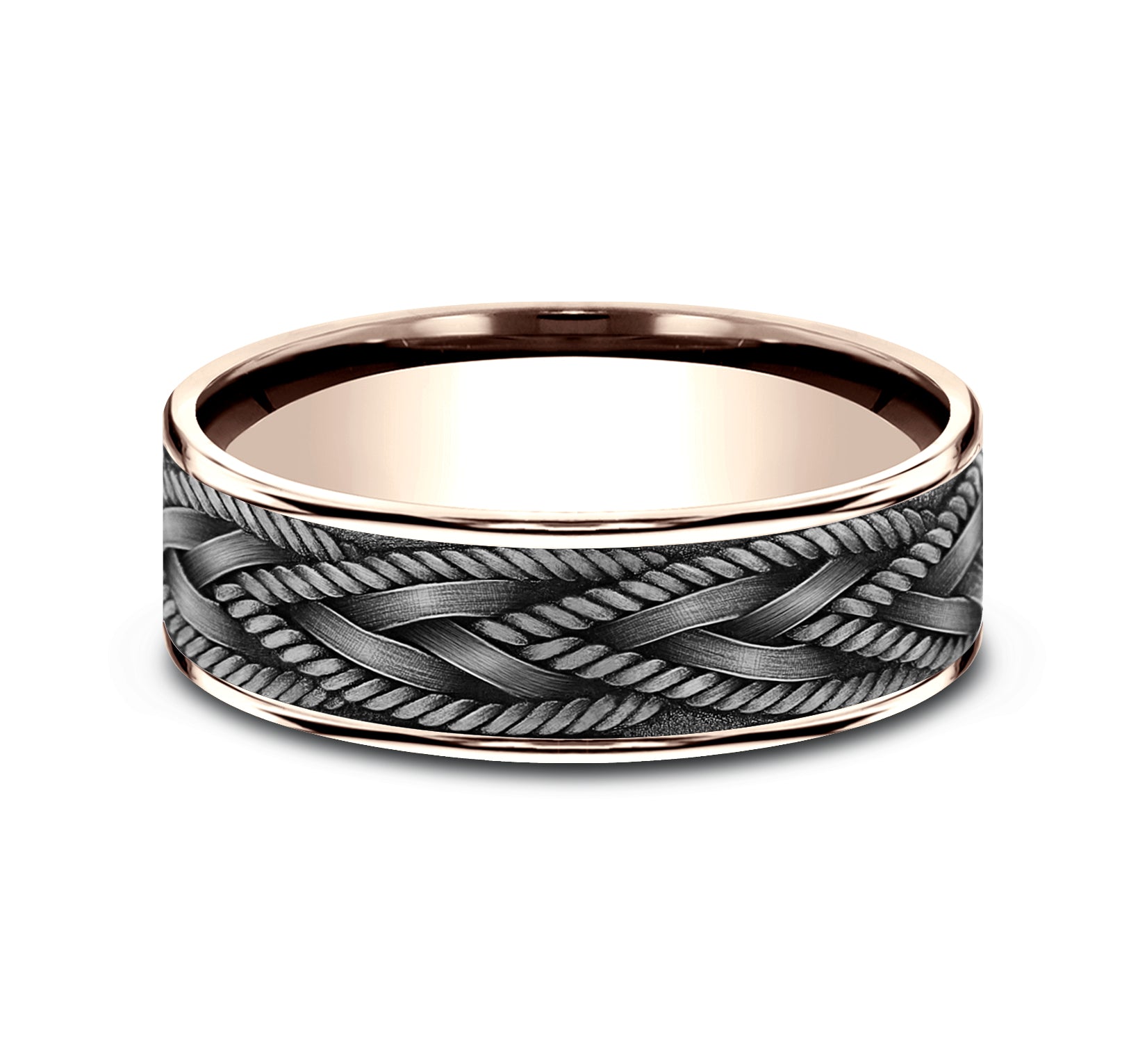 THE BRAID 7.5mm, Comfort fit, 14K Rose Gold and Grey Tantalum, Rope and wheat knot braid pattern, thin edges