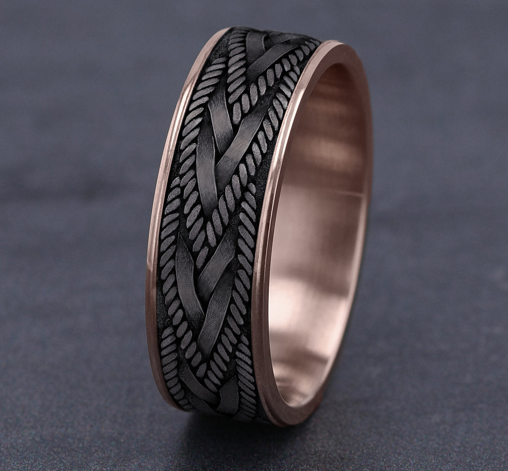 THE BRAID 7.5mm, Comfort fit, 14K Rose Gold and Grey Tantalum, Rope and wheat knot braid pattern, thin edges