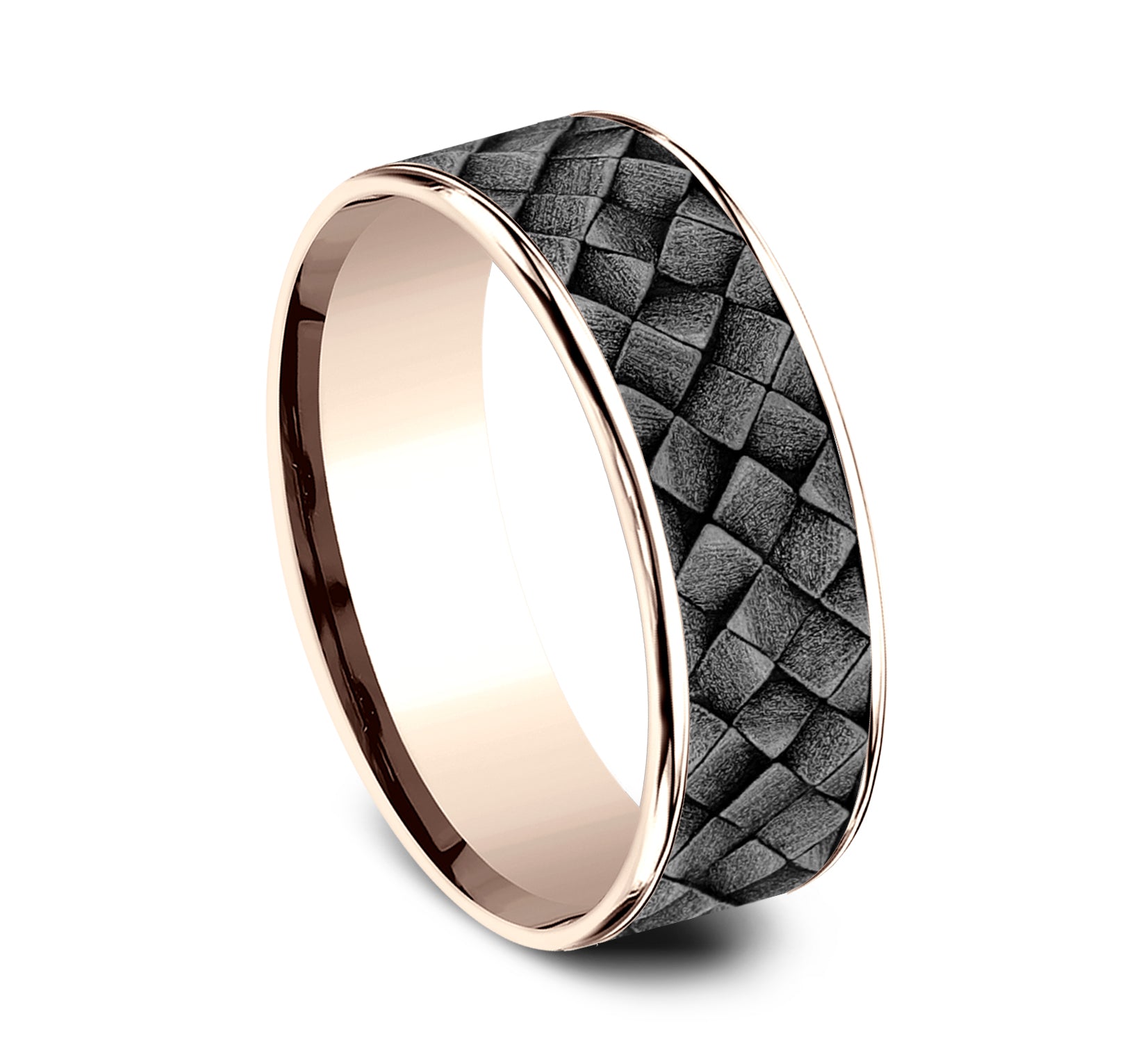 THE CROSS HATCH 7.5mm, Comfort fit, 14K Rose Gold and Grey Tantalum, Cross hatch square pattern, thin edges