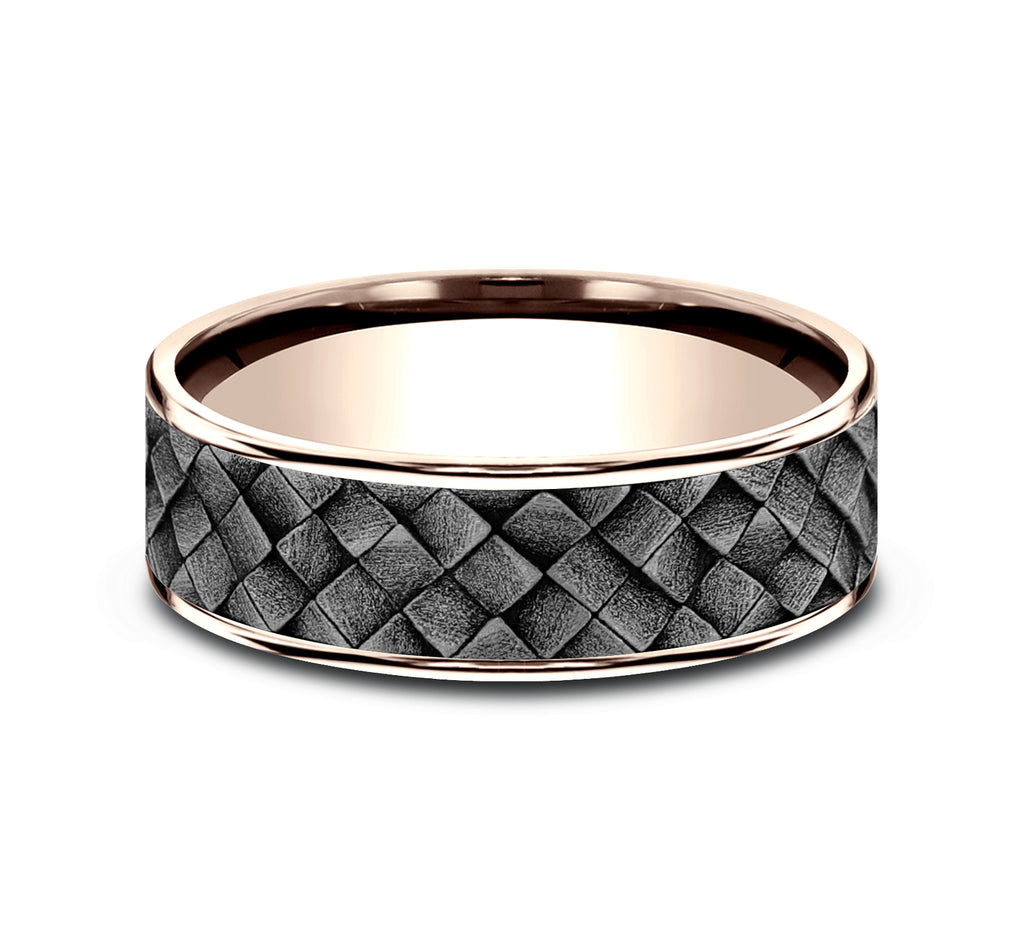 THE CROSS HATCH 7.5mm, Comfort fit, 14K Rose Gold and Grey Tantalum, Cross hatch square pattern, thin edges