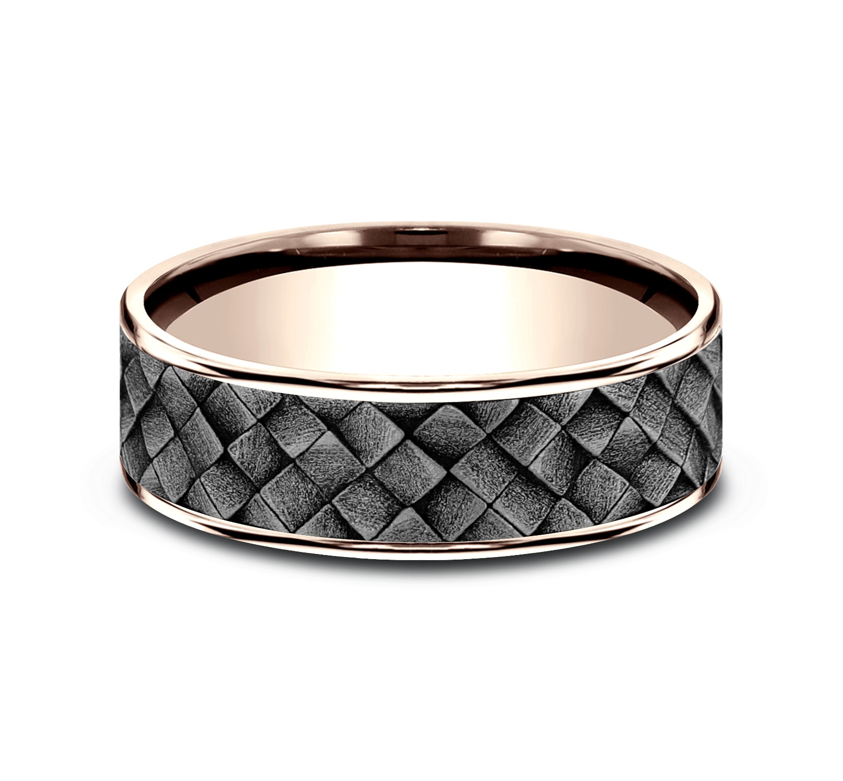 THE CROSS HATCH 7.5mm, Comfort fit, 14K Rose Gold and Grey Tantalum, Cross hatch square pattern, thin edges