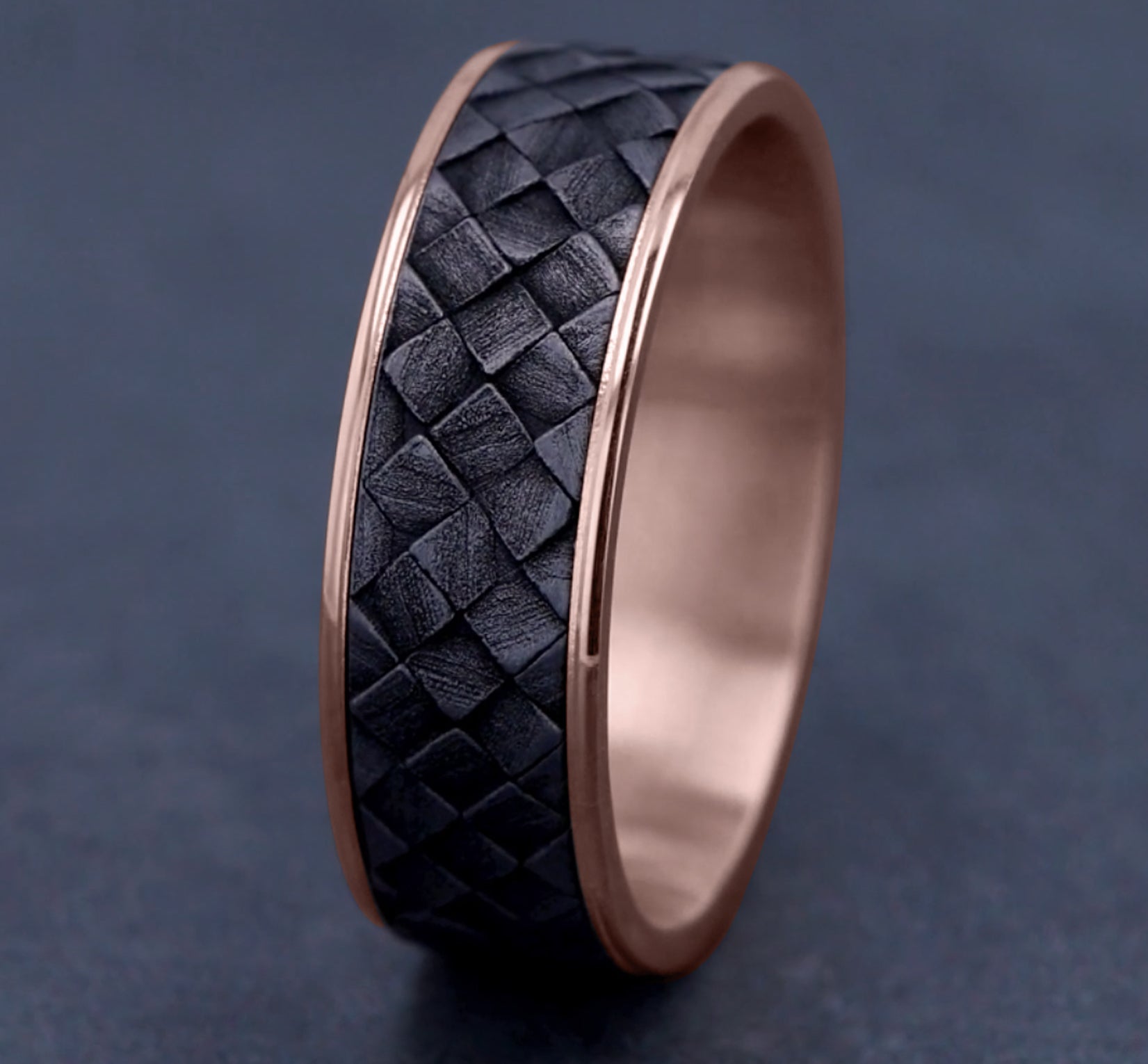 THE CROSS HATCH 7.5mm, Comfort fit, 14K Rose Gold and Grey Tantalum, Cross hatch square pattern, thin edges