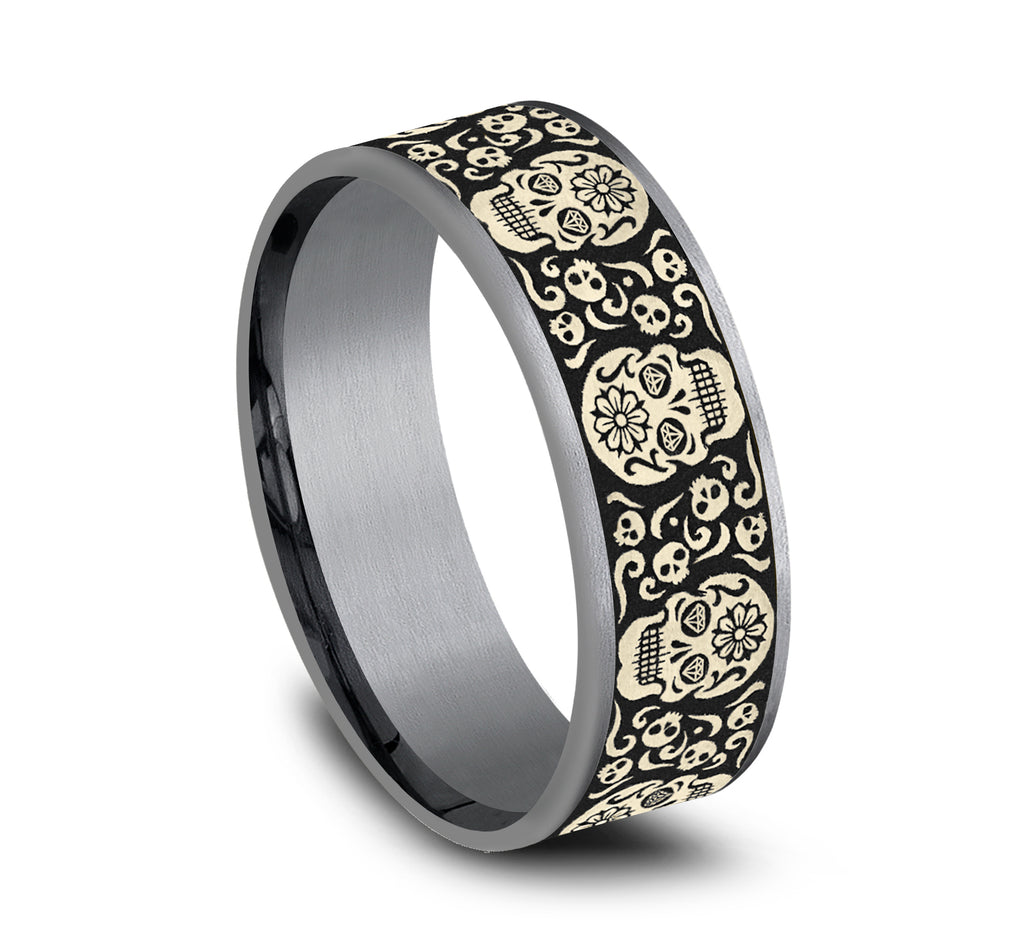 THE SUGAR SKULL 7.5mm, Comfort fit, Grey Tantalum and 14K Yellow Gold, Sugar skull pattern, thin edges