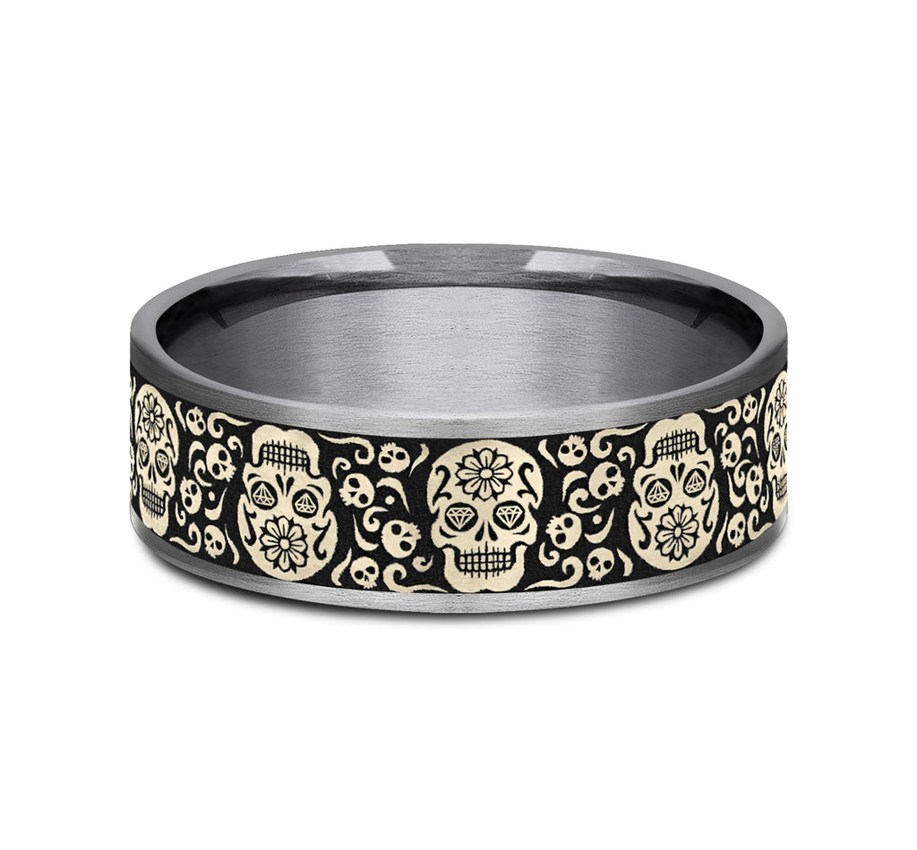 THE SUGAR SKULL 7.5mm, Comfort fit, Grey Tantalum and 14K Yellow Gold, Sugar skull pattern, thin edges