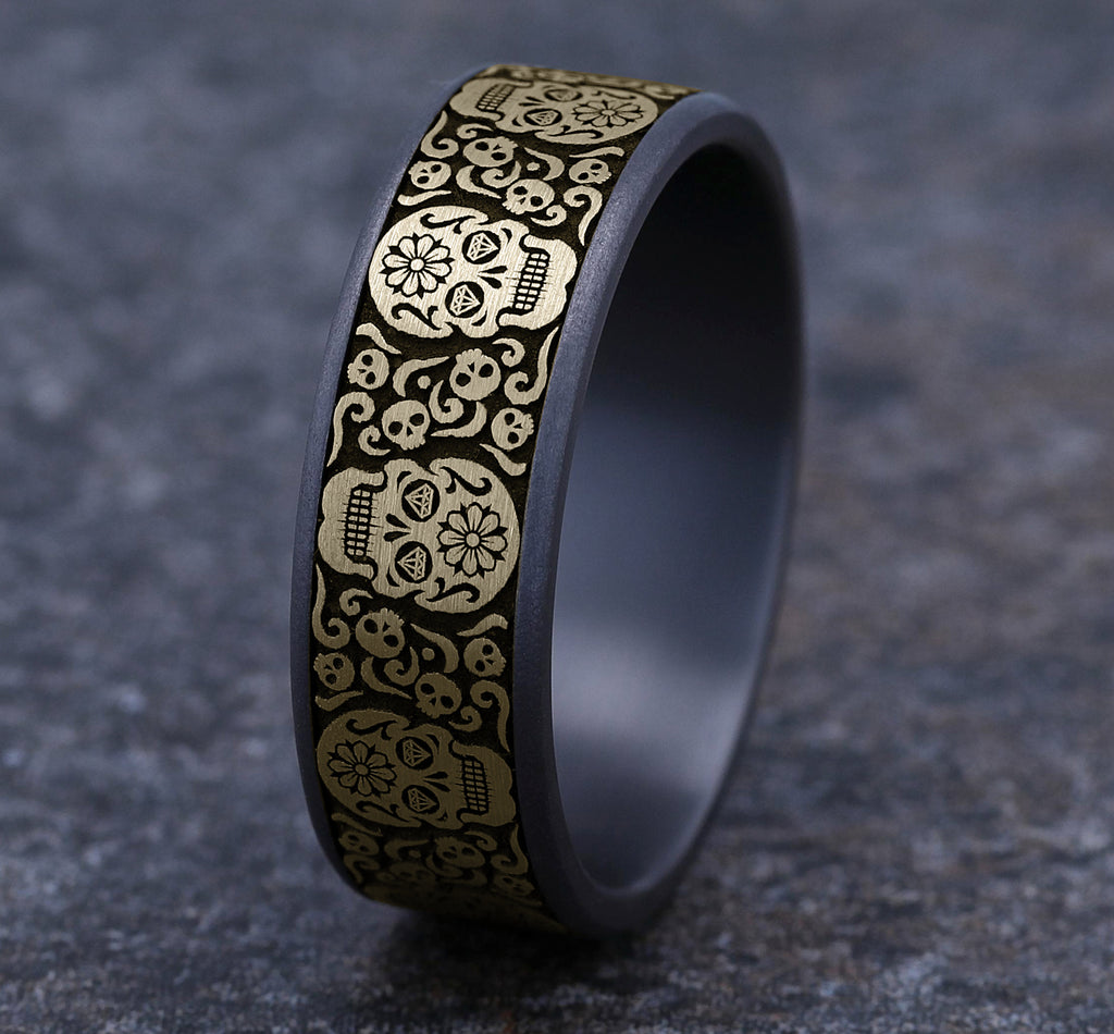 THE SUGAR SKULL 7.5mm, Comfort fit, Grey Tantalum and 14K Yellow Gold, Sugar skull pattern, thin edges